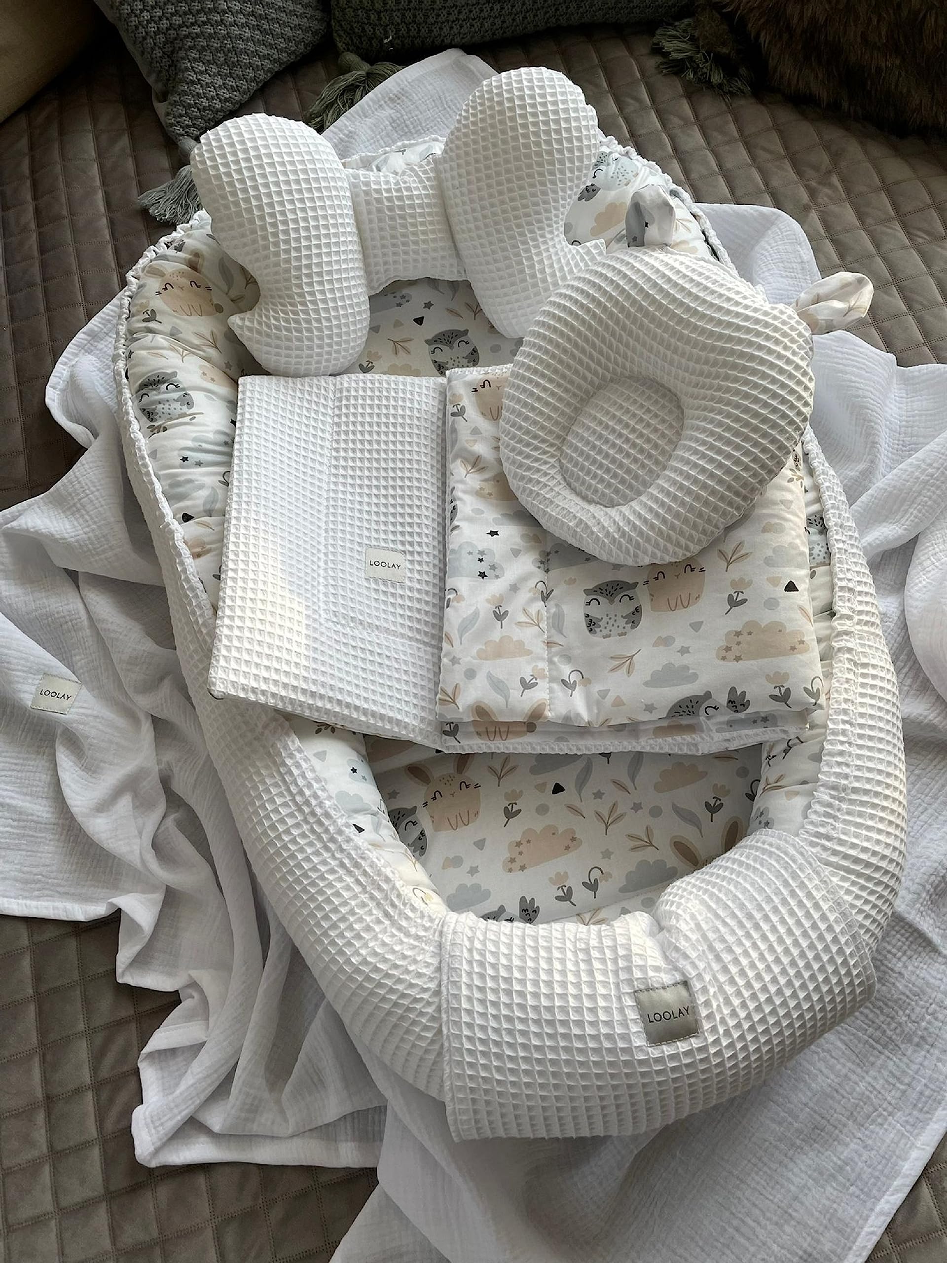 Paracolpi a nido d'ape/coniglio bianco beige per neonati, tappetino da viaggio per lettino da viaggio Solo/o, set regalo premium (paracolpi + coperta (80 x 100 cm) + materasso + 2 cuscini)