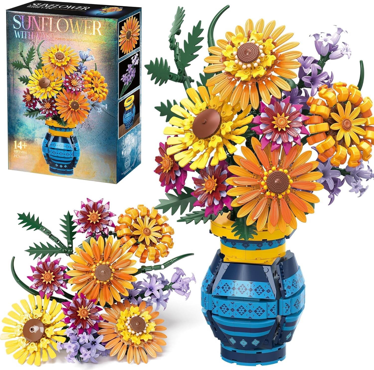 Sunflower Bouquet Building Blocks w/ Vase Set, 1065 PCS Botanical Collection, Birthday Gifts for Mom Women Grandma Adult Her Mother's Day, Artificial Flower Home Decor Stocking Stuffers for Teen Girls