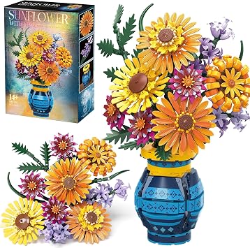 Sunflower Bouquet Building Blocks w/ Vase Set, 1065 PCS Botanical Collection, Birthday Gifts for Mom Women Grandma Adult Her Mothers Day, Artificial Flower Home Decor Stocking Stuffers for Teen Girls