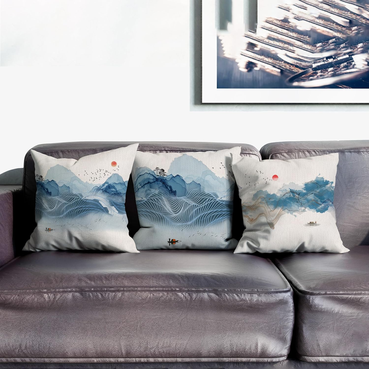 Digital-Printed Blue Landscape Pillow Cover. Linen-Like Blend. Modern Chinese Style for Home Decor.(24 * 32inch,WLSS-D)