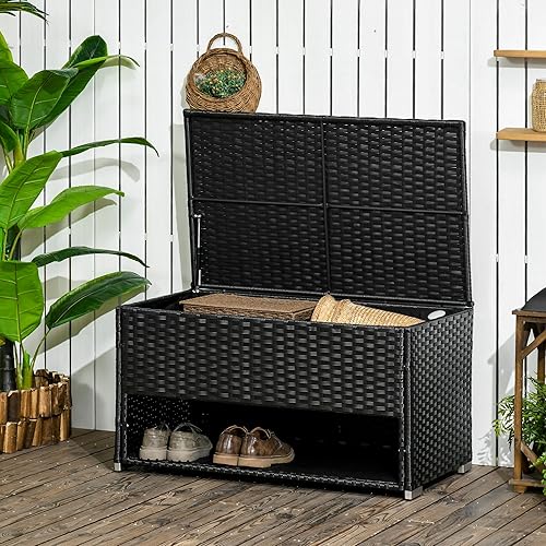 Miniatura 2 de Outsunny Caja de cubierta y almacenamiento de zapatos, toallero de mimbre de ratán PE con forro para interiores, exteriores, cojines de muebles de