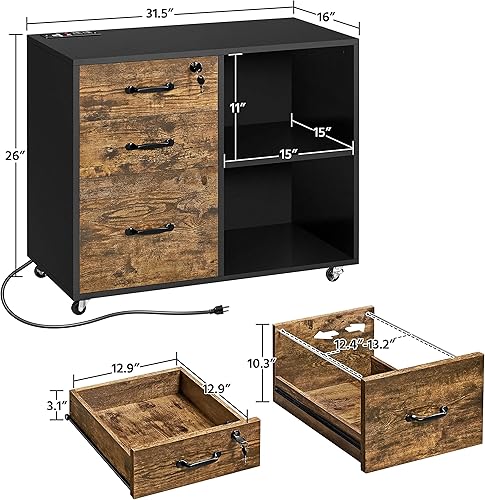 Miniatura 3 de Yaheetech Archivador lateral con enchufe y puerto de carga USB, archivador móvil, soporte de impresora para el hogar y la oficina, negromarrón