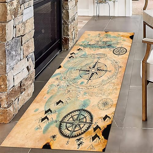 Vintage Nautical Bathroom Rugs,3.3x7ft,Coastal Room Ocean Decor Hallway Rug,Retro Nautical Decor Compass Runner Rug,Non-Slip Soft Map Wave Sailboat