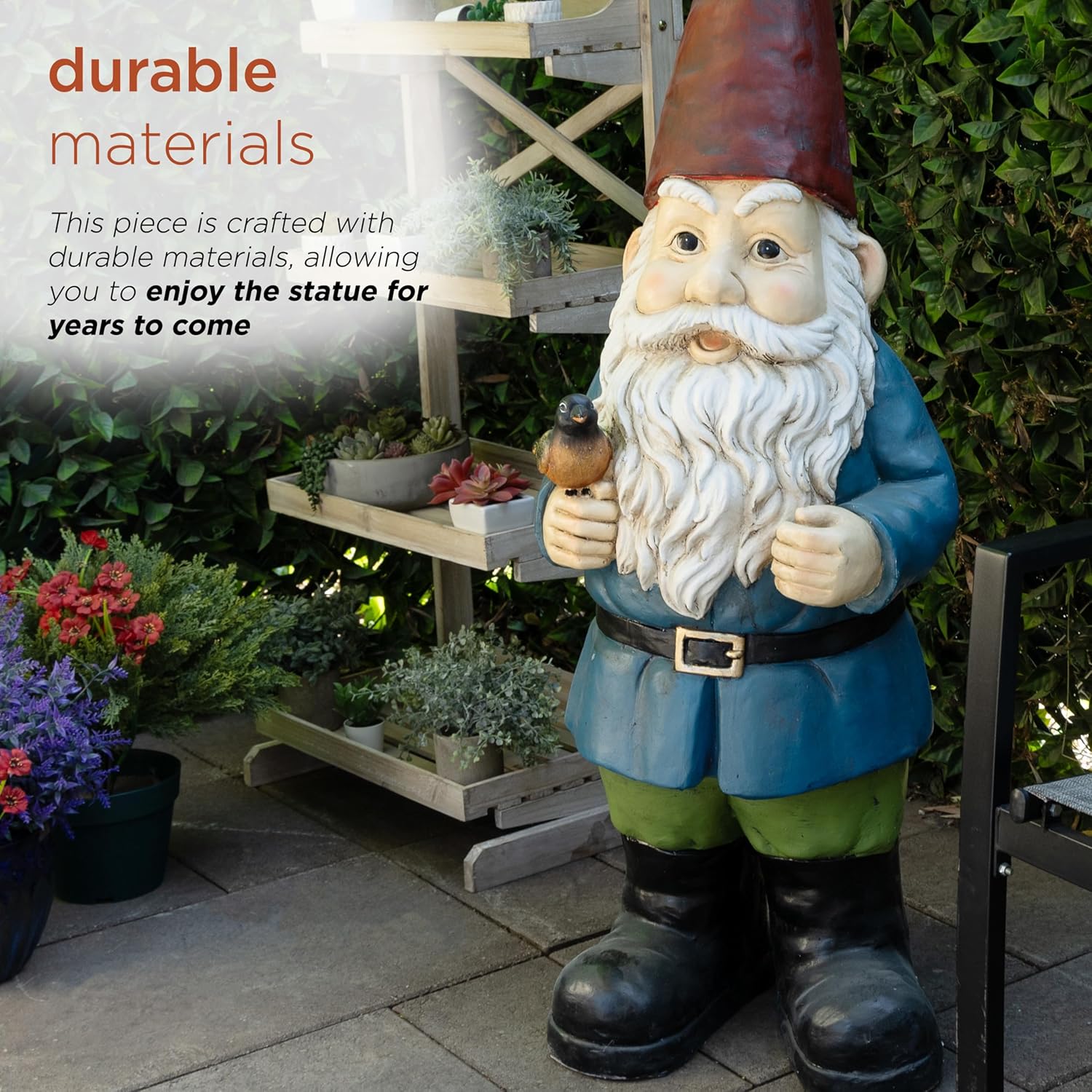 Alpine Corporation ZKD100 Jumbo Size Gnome with Bird Decor, Whimsical Gnome Statue for Patio & Garden, 48" H, Multicolor - Image 6