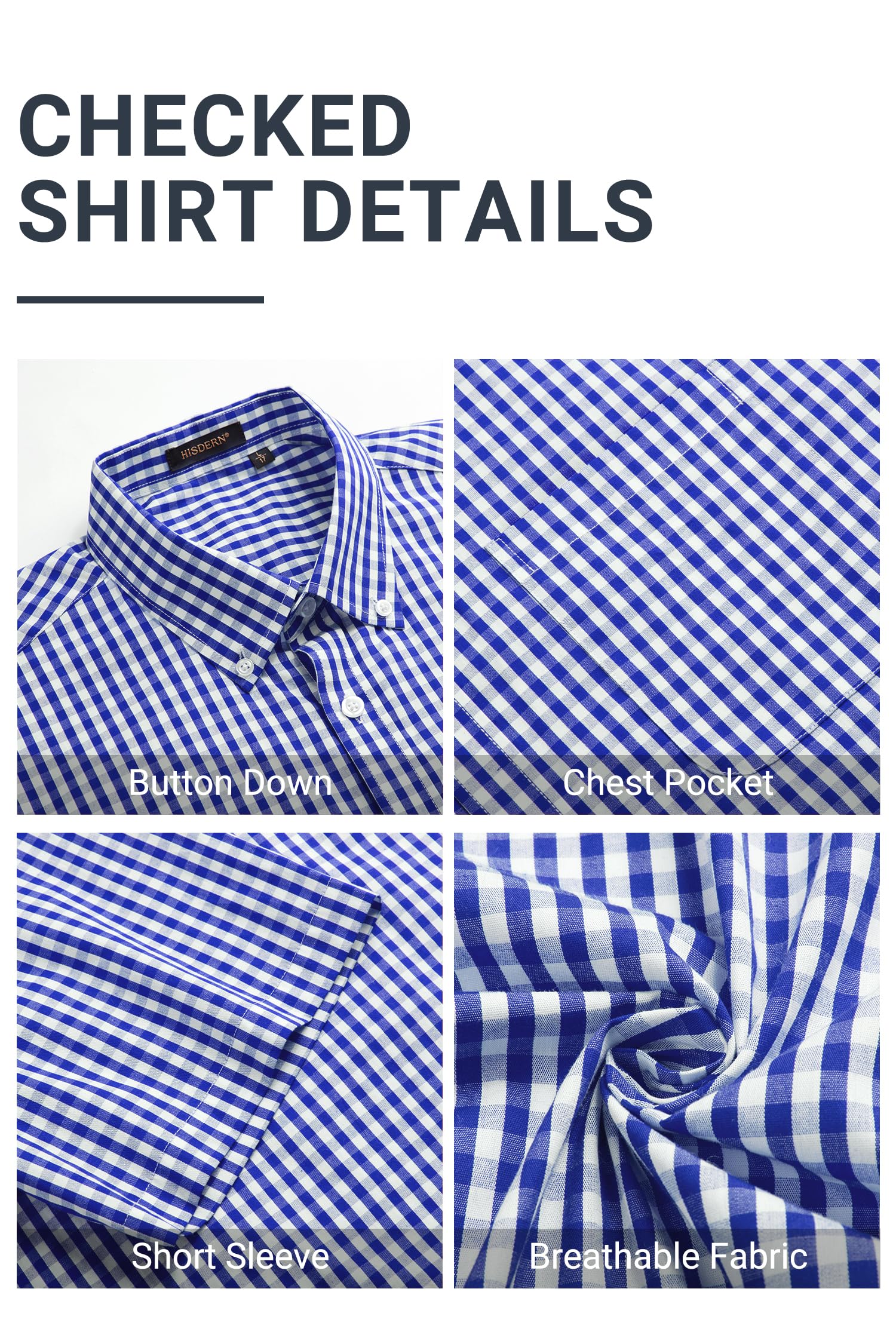 HISDERN Camisa Cuadros Hombre Manga Corta Camisas Verano Hombre Casual Clásica Botones Algodón con Bolsillo Regular Fit