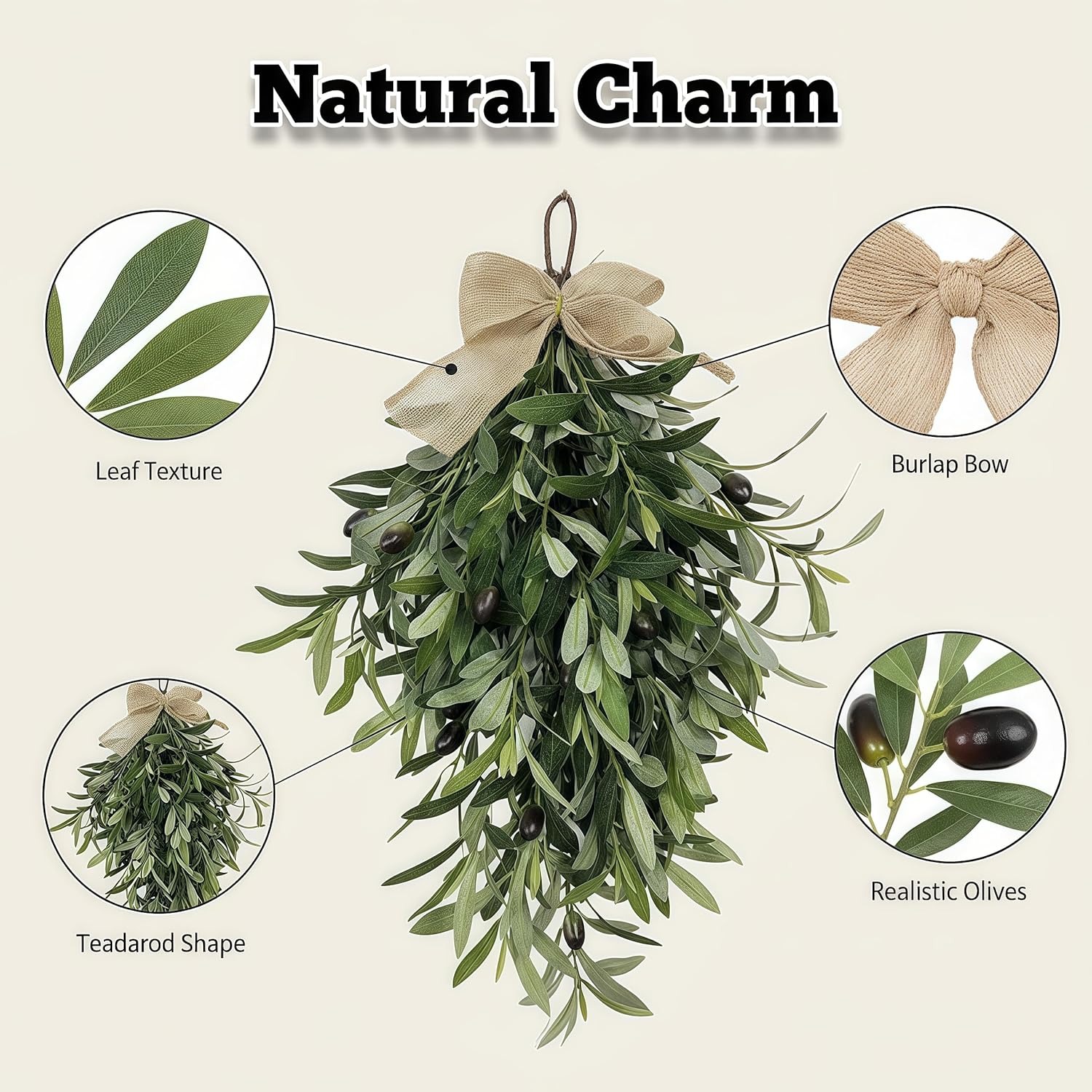 2026 Spring Olive Branch Teardrop Swag 24 Inch, Extra Full & Thick Faux Greenery with Upgraded Ribbon & Textured Leaves, Sturdy Farmhouse Hanging Wreath for Door, Wedding Arch, Kitchen (Green 2Pcs)