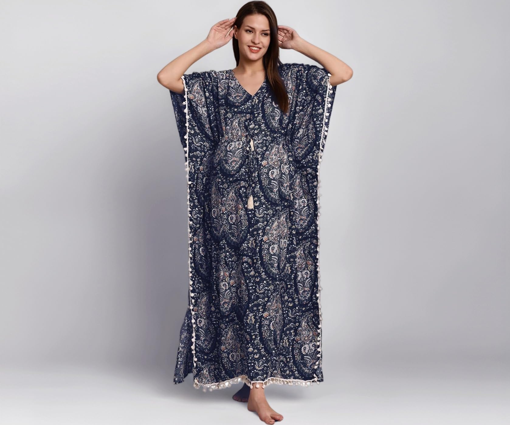 Secret Wish Rayon Maternity Kaftan Nighty/Free Size/Feeding/Nursing/Zipper/Drawstring/Screen Print/Full Length