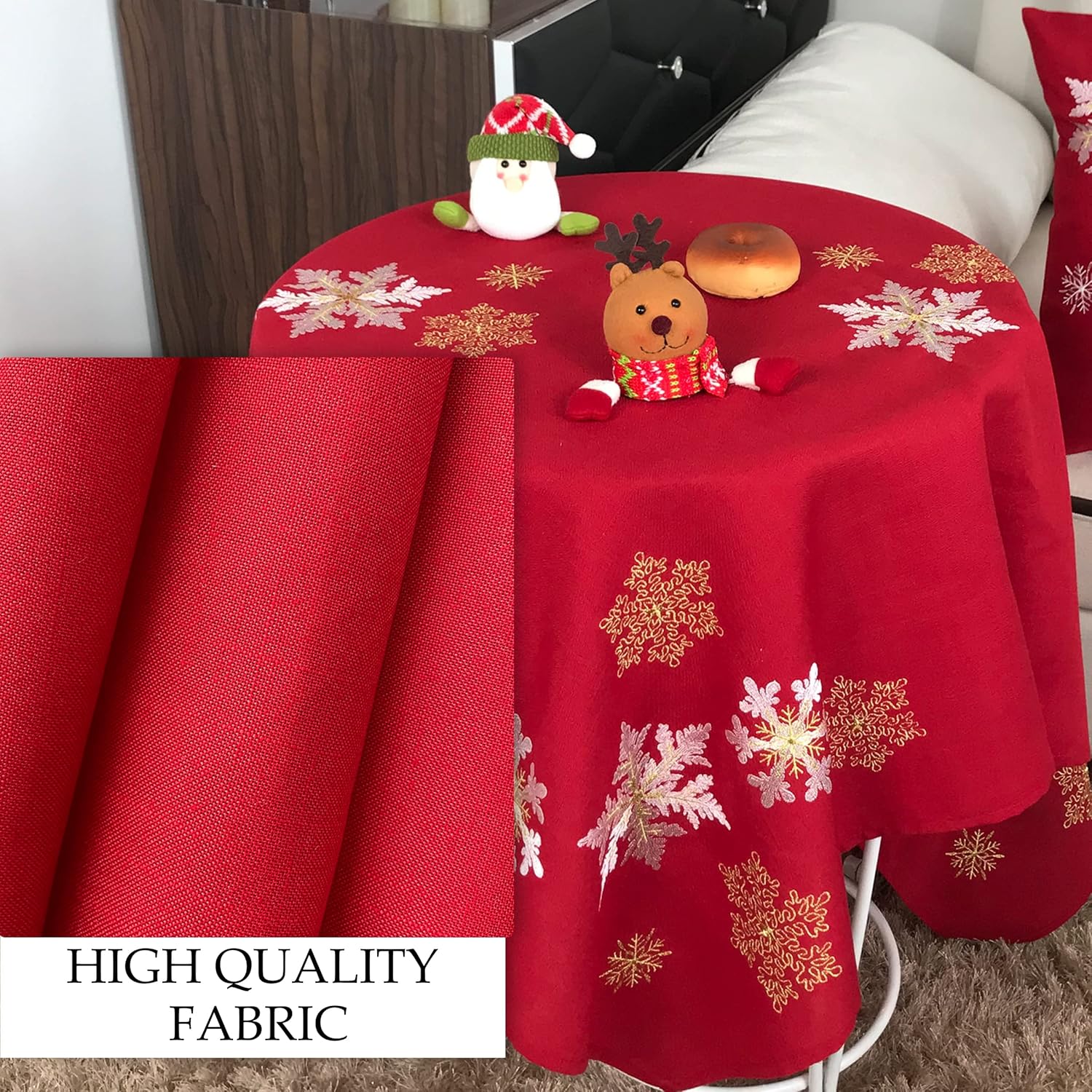 Christmas Table Cloth Cover Decor 100% Polyester Embroidery Xmas Washable Dustproof 52 x 52 Inch Winter Snowflake Burgundy Home Decor Kitchen Table Farmhouse Holiday Birthday Party Wedding
