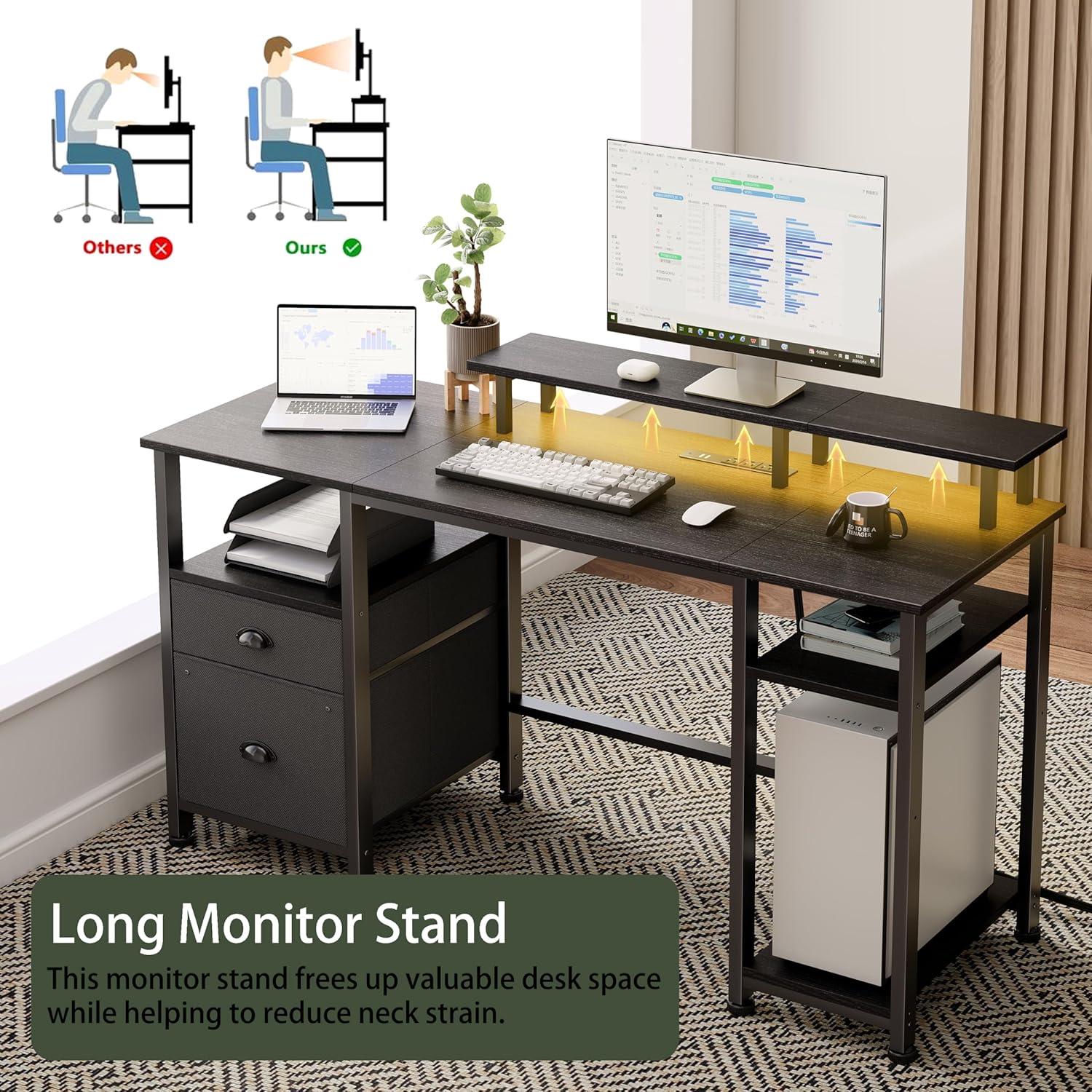 Furologee 51" Gaming Desk with Power Outlets & LED Lights, Reversible Computer Desk with File Cabinet & Monitor Stand for Home Office, Large Work Table with Storage Shelves & Drawer, Black