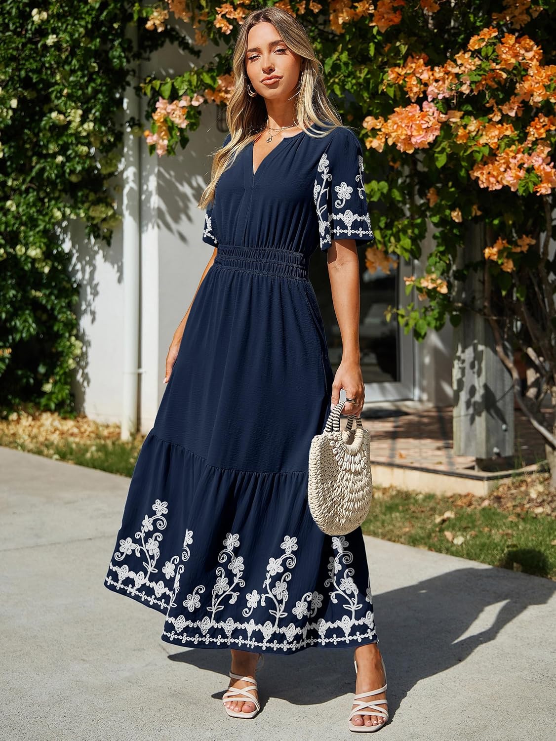 Simplee Women Summer Maxi Dress Formal Short Sleeve Embroidery Floral Boho Wedding Guest Tea Party V Neck Dresses 2026 - Image 3