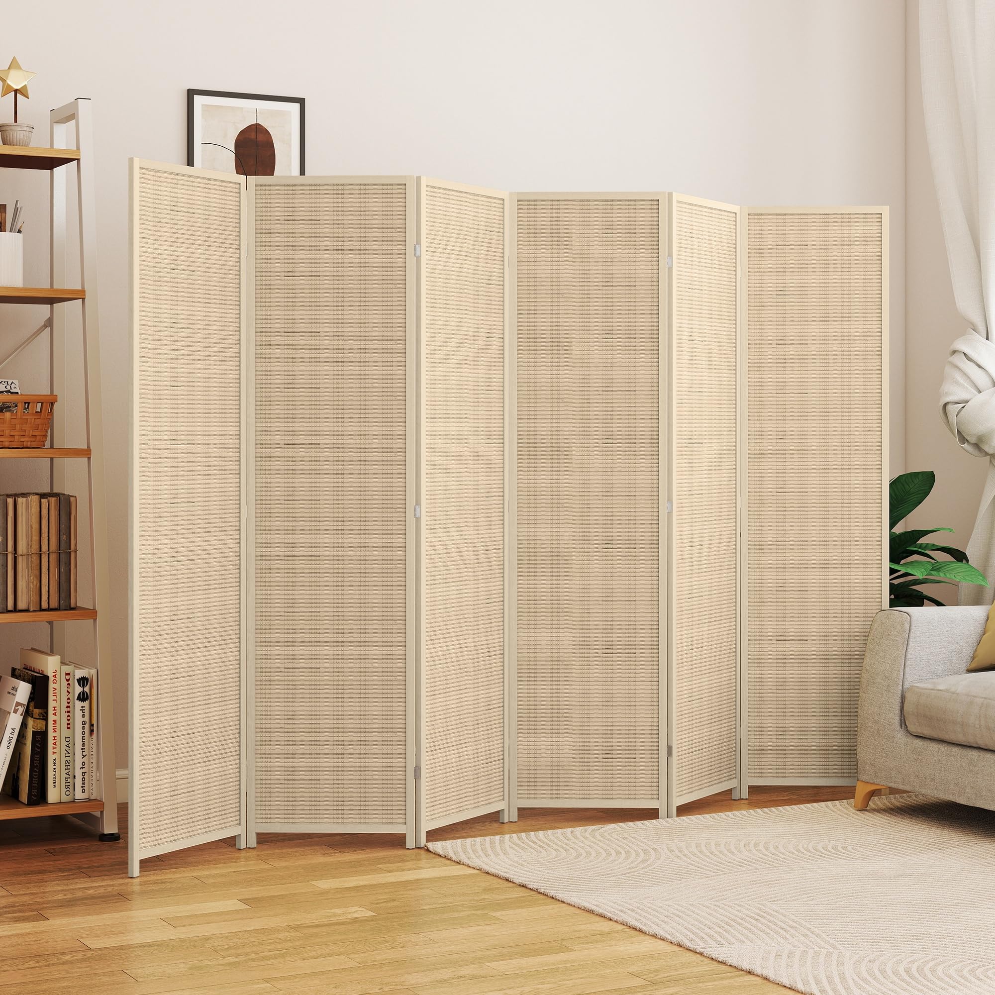 HOMCOM Paravento da Interno a 6 Ante Pieghevole Colore Naturale | Altezza 180cm, in Legno e Bambù, Separé Divisorio Ambienti Salvaspazio, Stile Boho