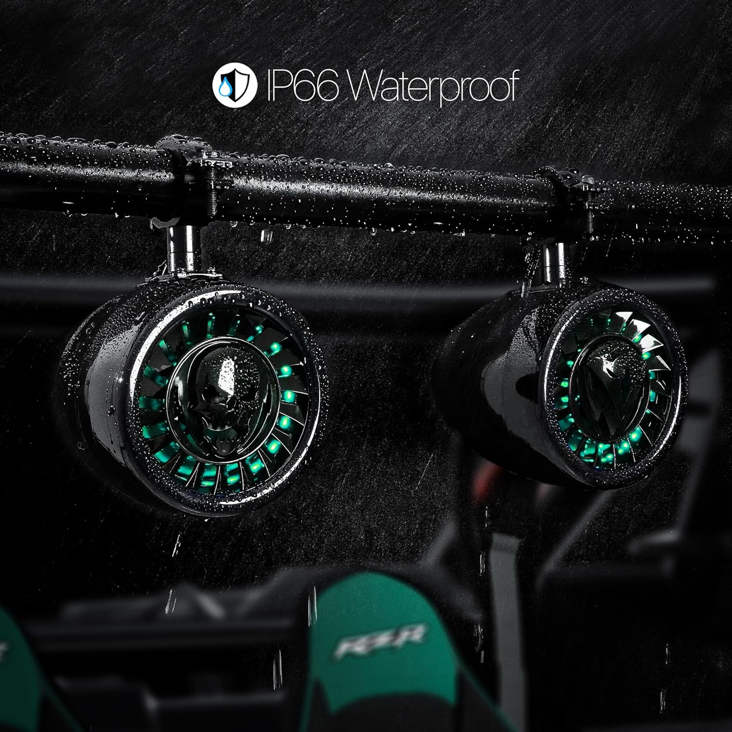 GoHawk TL54-Titan speakers with water droplets, indicating IP66 waterproof rating