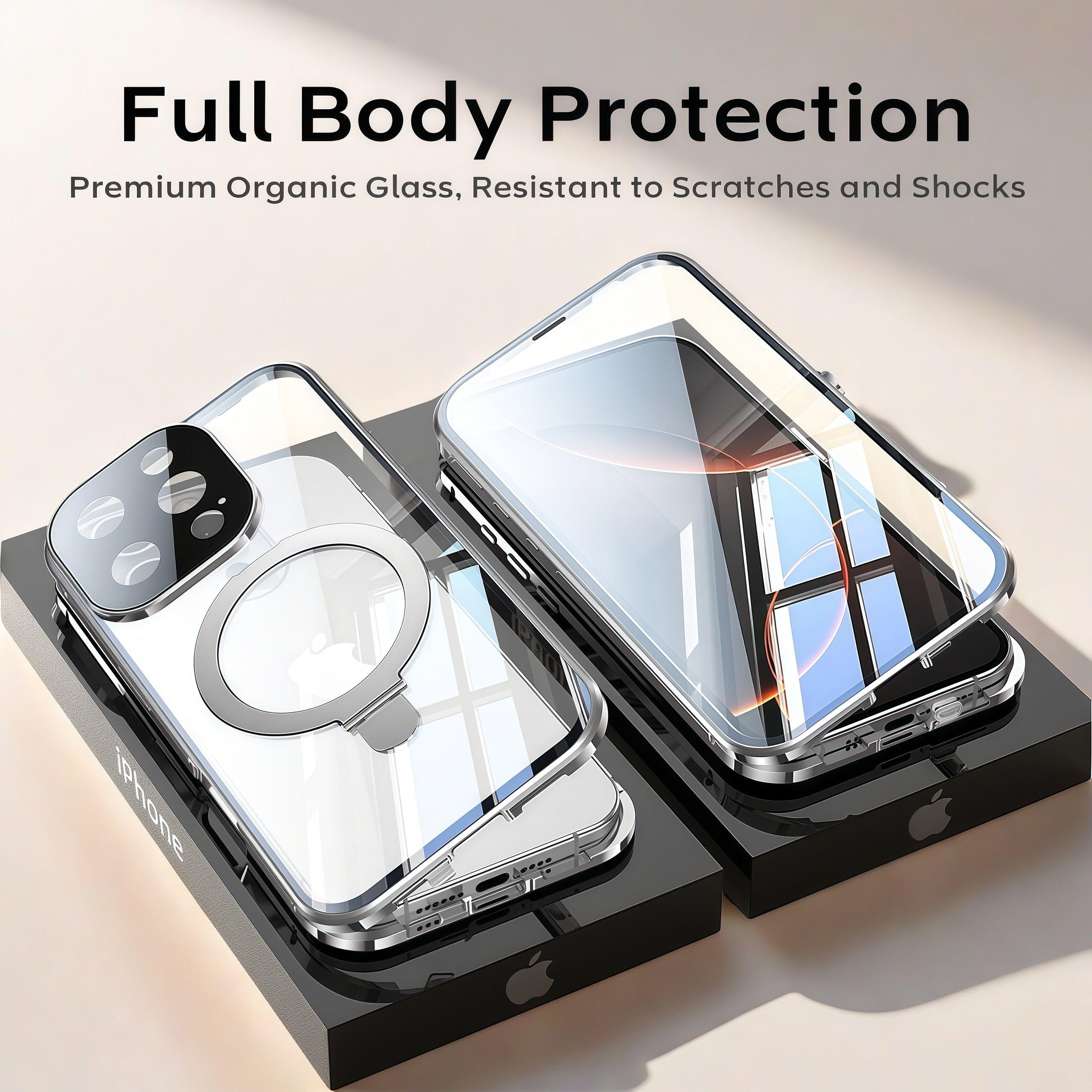 Funda MagSafe para iPhone 15, protector de pantalla integrado y protector de lente, soporte de anillo magnético, marco de metal a prueba de golpes de grado mil. Anti-amarillo, soporte,