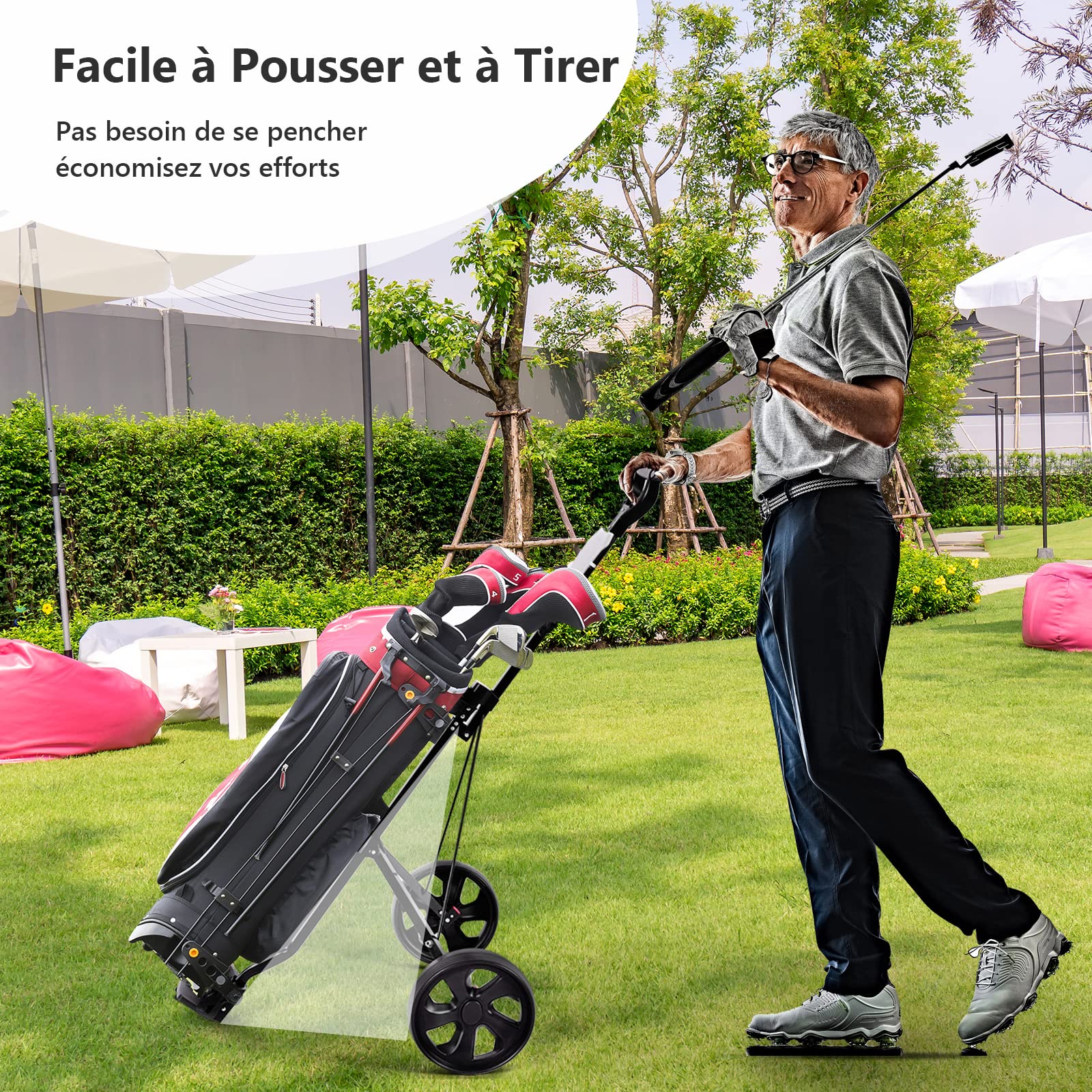 GOPLUS Chariot de Golf à 2 roulettes, Chariot de Golf Pliable avec Poignée Ergonomique, Sangles de Sac Ajustables et 2 roulettes, Facile à Pousser et à Tirer, 67 x 142 x 112CM