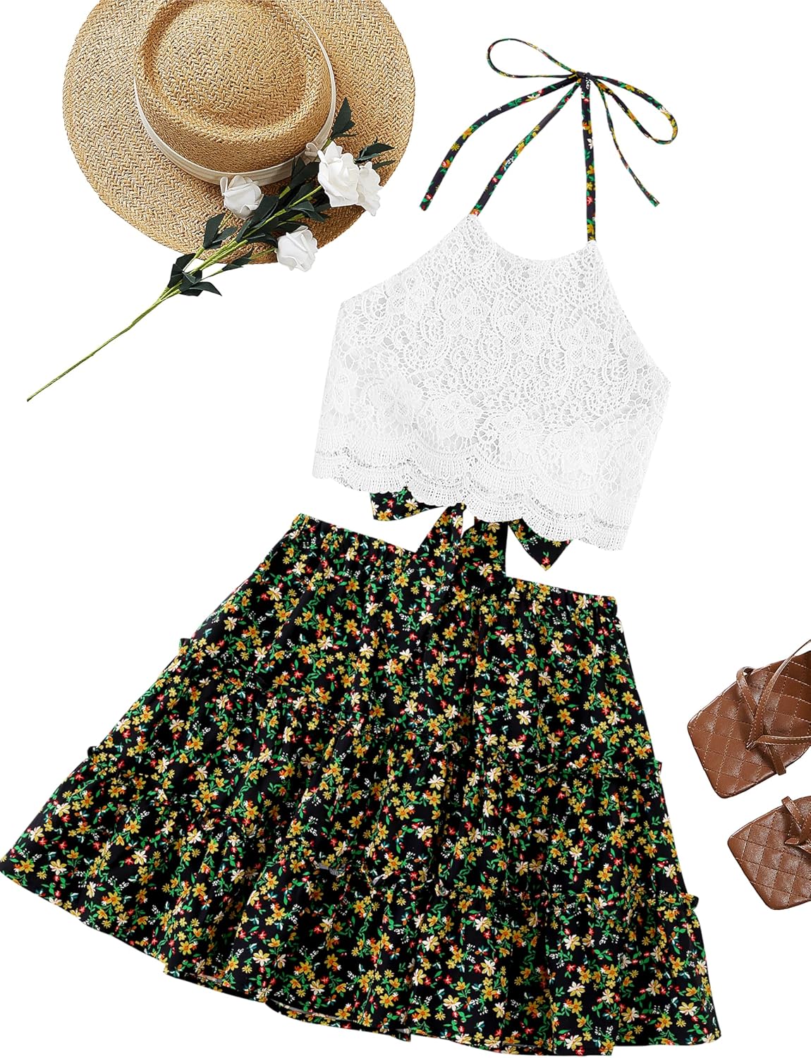 LYANER Women's 2 Piece Outfits Summer Lace Halter Cami Crop Top with Floral Mini Skirt Set Black Floral Large - Image 5