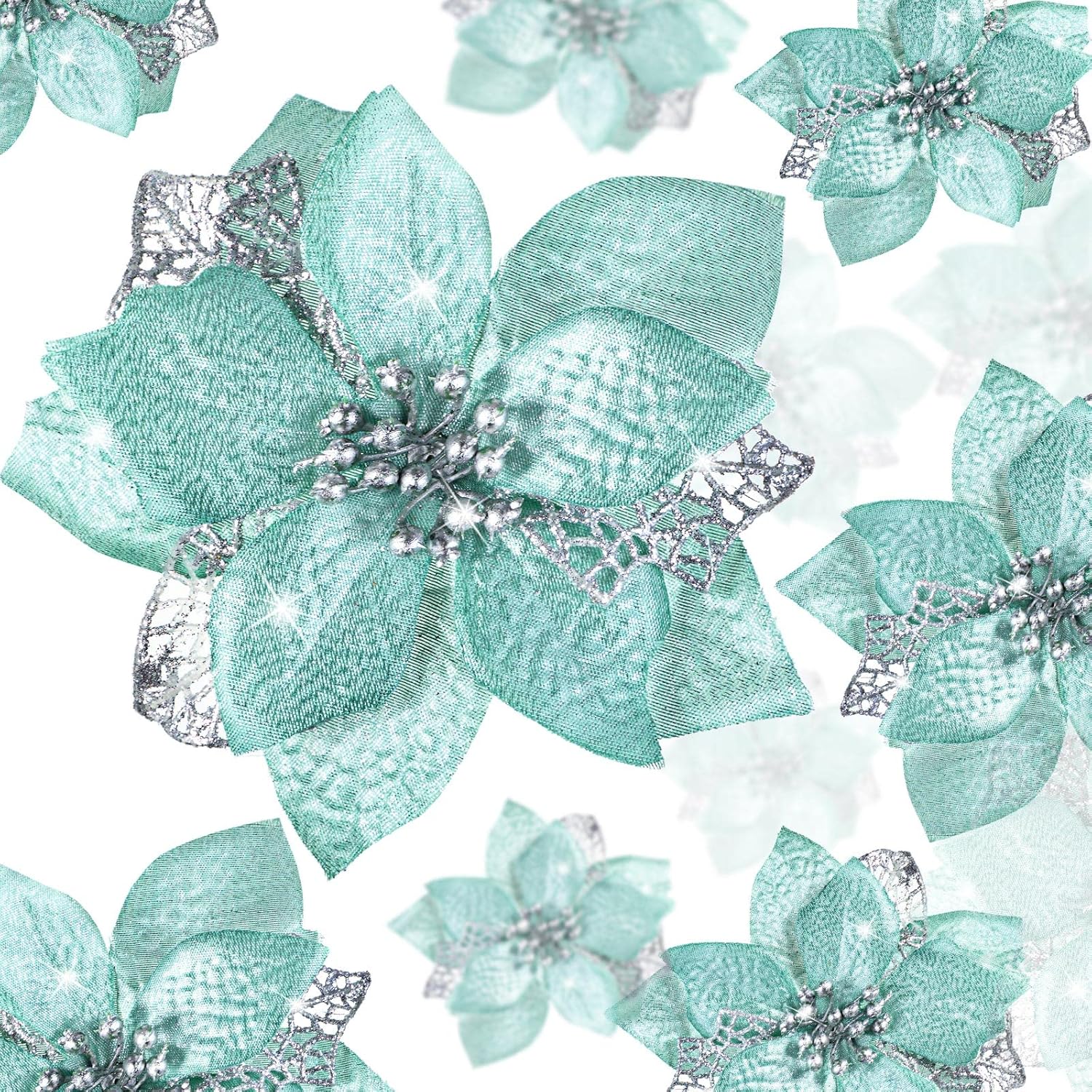 36 Pieces Christmas Glitter Poinsettia Faux Flowers Christmas Flowers