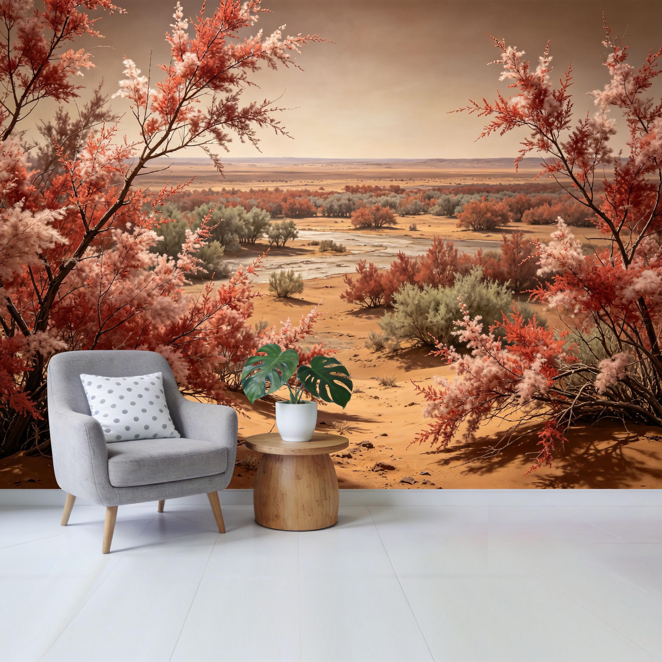 Qzlithotic Yq2605250623 Custom Size Wall Mural Desert Landscape Red Tamarisk Botanical Scene Selfadhesive Wall Fabric Removable Wallpaper For Home Office Decor