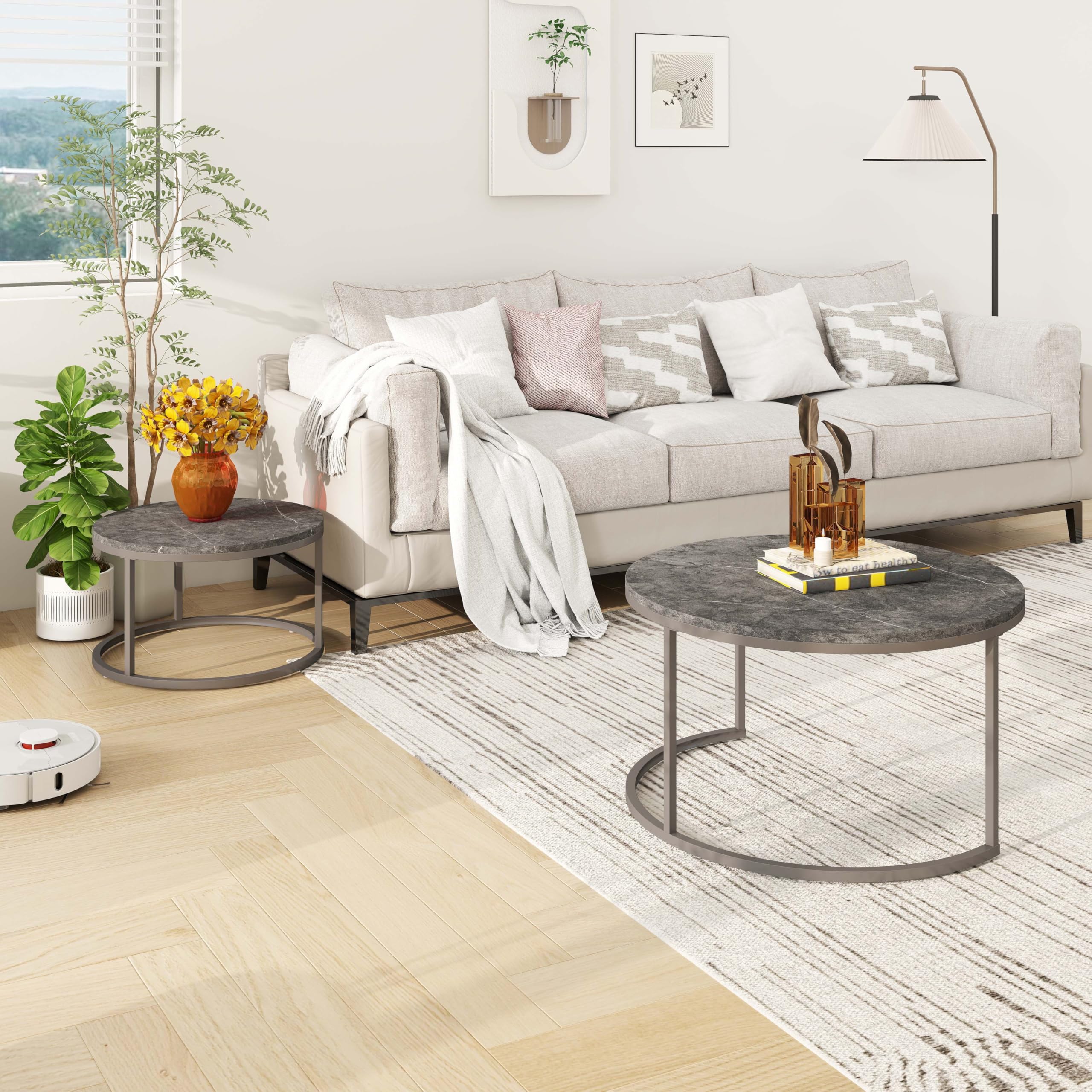 hitsuki Couchtisch Rund 2er Set, Marmor Couchtisch Grau Metallgestell Wohnzimmertisch Grau, Beistelltisch Metall，Satztische fürs Wohnzimmer, Schlafzimmer, Balkon (Schwarz & Schwarz)
