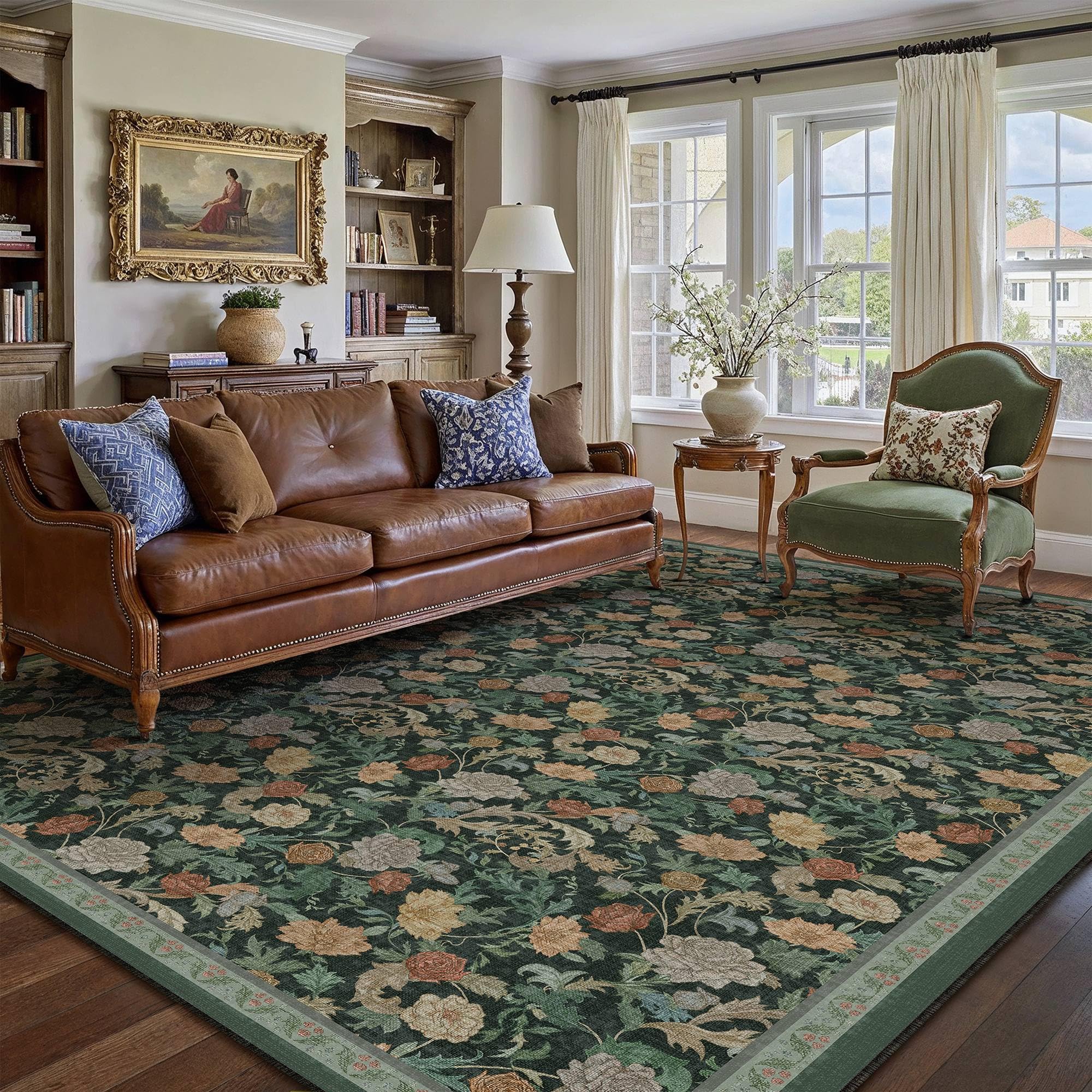 hugear retro area rugs 9x12 washable living room bedroom rugs vintage floral throw carpet dark green stain resistant non slip low pile for home aesthetic modern decor