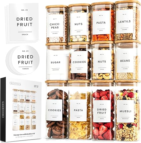 Contenedores cuadrados de vidrio con tapas de bambú, paquete de 12 (4 tarros de 30 onzas, 8 x 17 onzas) herméticos con tapas para alimentos,