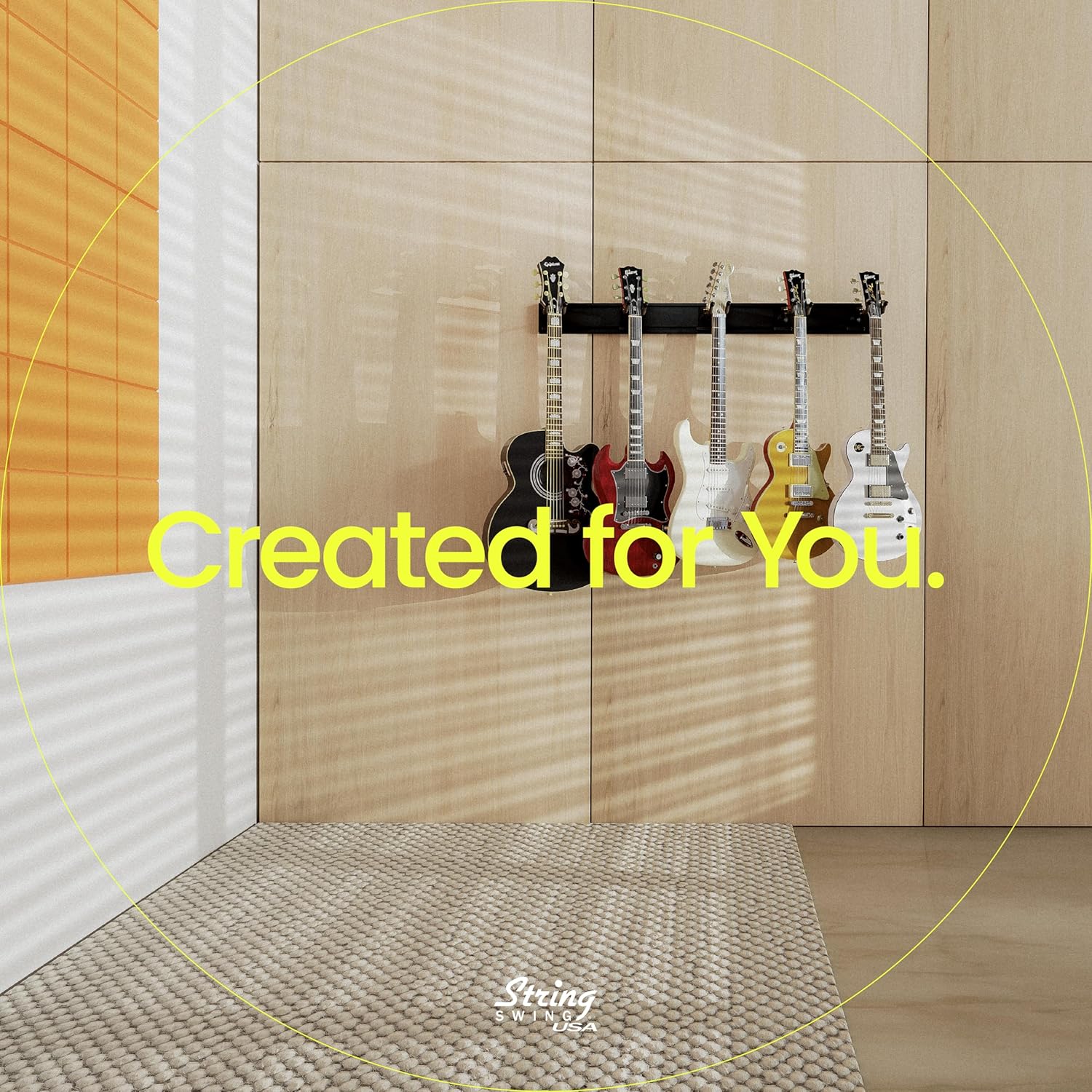 String Swing Guitar Wall Rack, Multiple Guitar Wall Mount, Guitar Organizer for Acoustic & Electric Guitars, 5 Padded Arm Hangers & Black Slatwall Rail, Wall Mount Guitar Rack - Made in USA