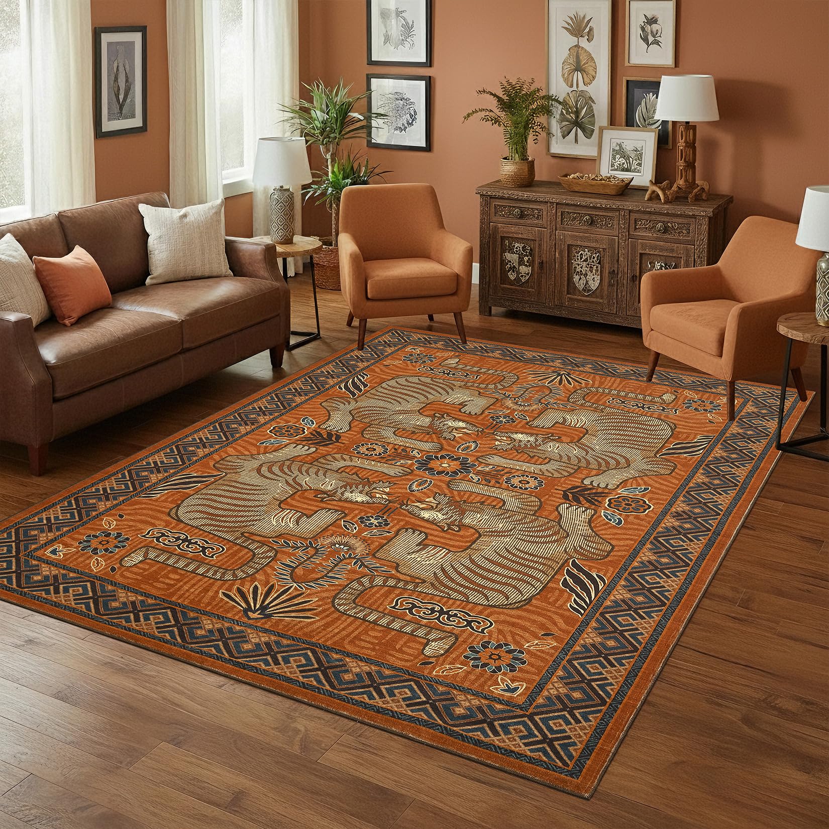 Photo 1 of GarveeHome Tiger Print 6x9 Area Rugs, Boho Terracotta Washable Rugs for Living Room, Vintage Tribal Soft Animal Throw Rug Non Slip Ultra Thin Stain Resistant Floor Carpet for Bedroom Dining Room