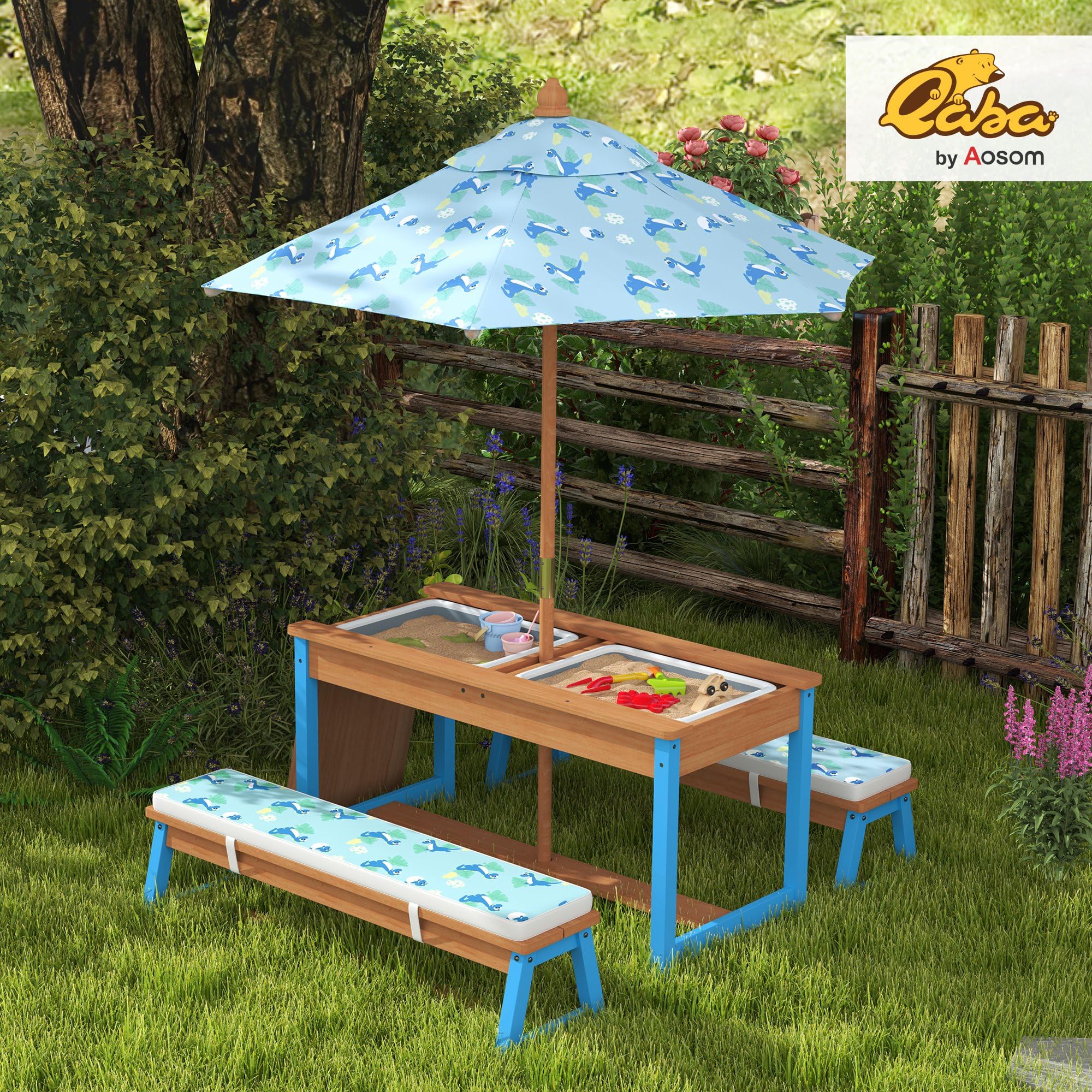 Qaba Kids Picnic Table, Wooden Table and Bench Set with Foldable Umbrella, Removable Cushions & Boxes, Dinosaur Theme Children Activity Table Outdoor Furniture for Patio, Blue