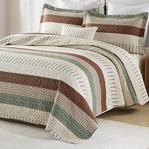 Striped King Quilt Set - 100% Cotton King Size Quilt, Beige Brown Green Lightweight Bedspread for King Bed, Farmhouse Breathable Quilt Coverlet Bedding Set for All Season, 3-Piece 98"x106"