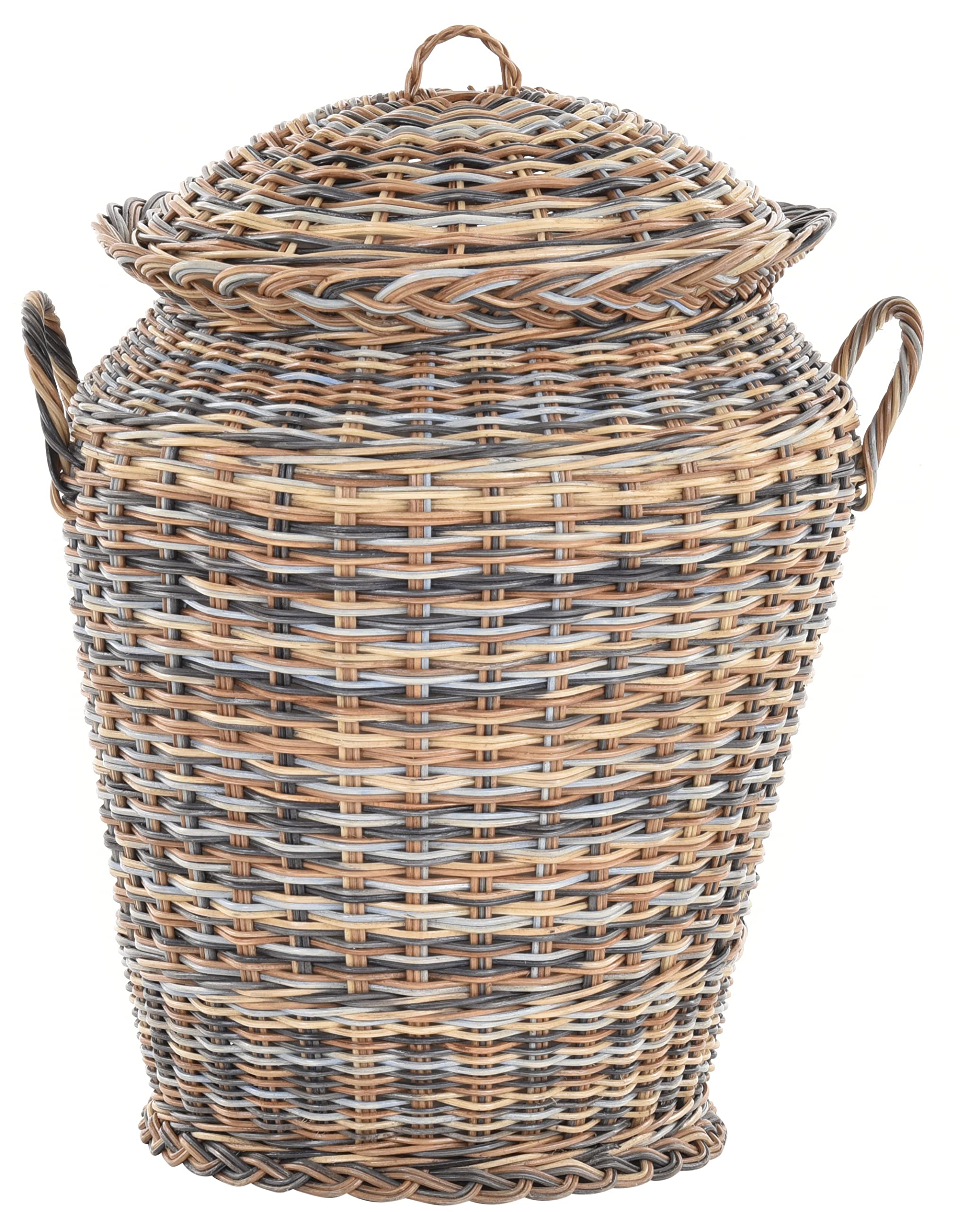 Wäschekorb/Wäschetonne rund aus echtem Rattan, Wäschesammler mit Deckel und Inlett (Mehrfarbig)