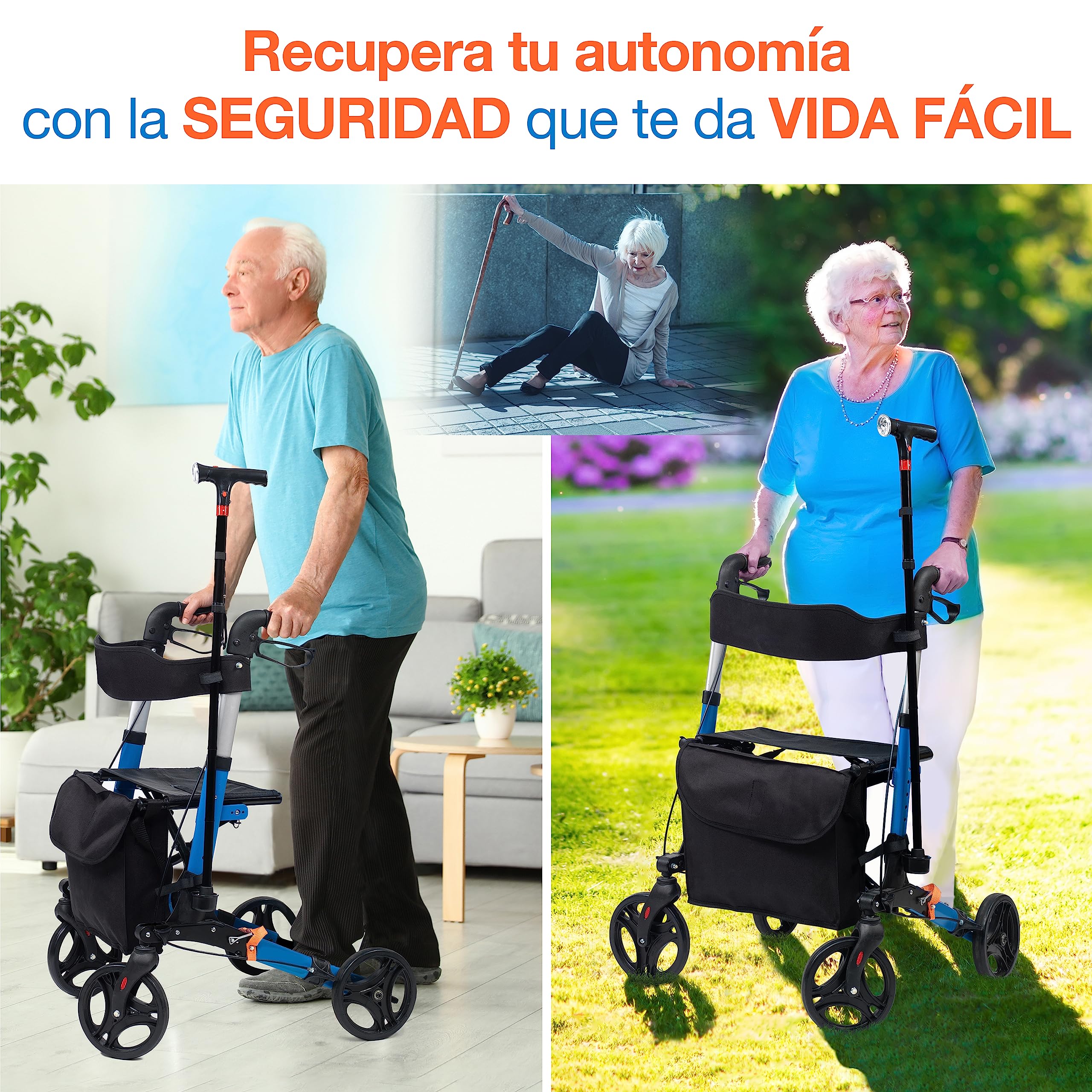 ANDADOR "4 EN 1" VIDA FÁCIL Galería del Coleccionista. Carrito Ortopédico para personas mayores, convalecientes… Aluminio superligero, Asiento, 4 Ruedas, Frenos, Bolsa. Totalmente Plegable. 011700126