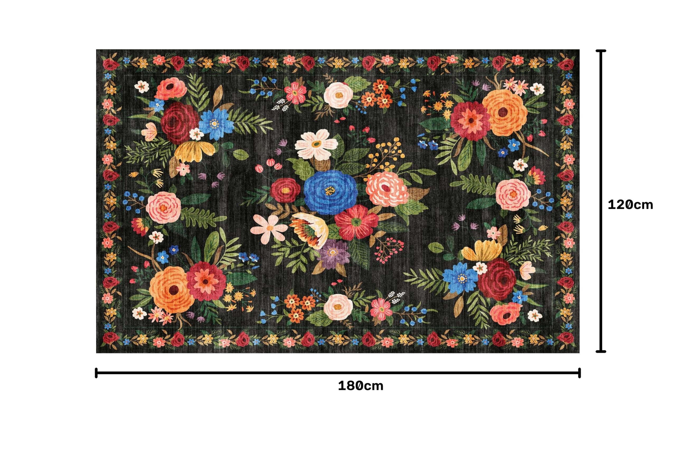Teppich Wohnzimmer 120x180cm, Vintage Blumenmuster, Waschbar & Rutschfester Boho Weich Kurzflor Teppiche Gegend für Schlafzimmer, Kinderzimmer, Gastzimmer, Esszimmer, Büro, Schwarz