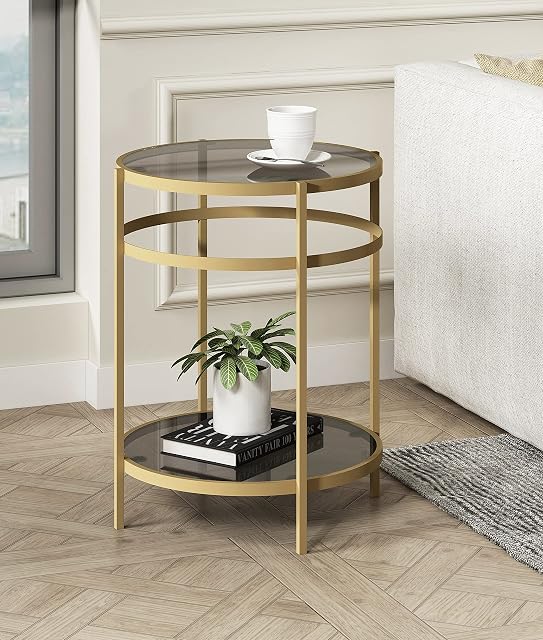 Hallowood Furniture Bourton Golden Metal Round Coffee Table with Tinted Glass for Living Room  Side Table with Powder Coated Metal Frame for Bedroom with Shelf  Sofa Side Magazine Table  End Table
