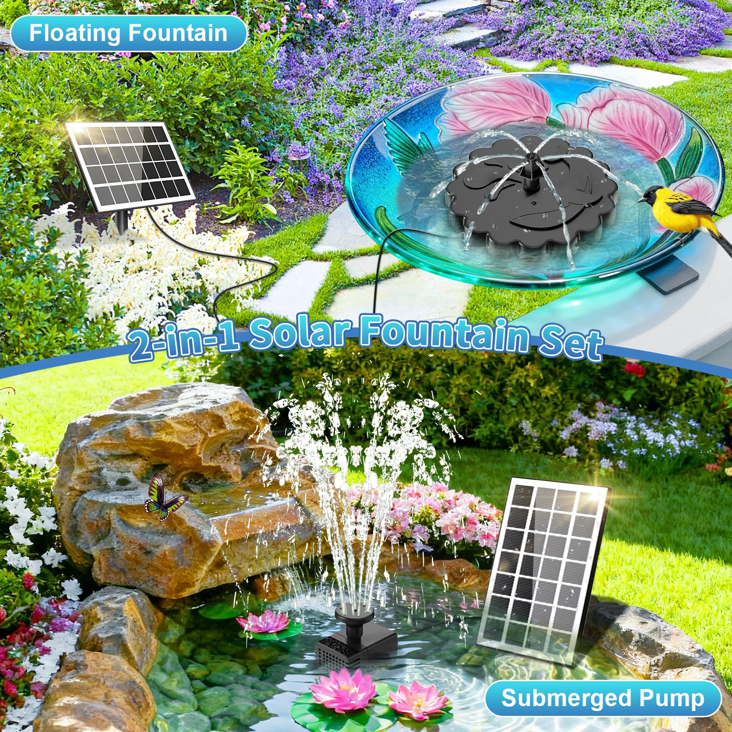 SZMP 2 en 1 Fuente Solar Jardín Exterior 3.5W, 2026 Nuevo Bomba de Agua Solar Flotante con 3M Cable & 8 Boquillas, para Estanque de Jardín Fuente, Baño para Pájaros, Estanque, Exterior, Piscina — view 2