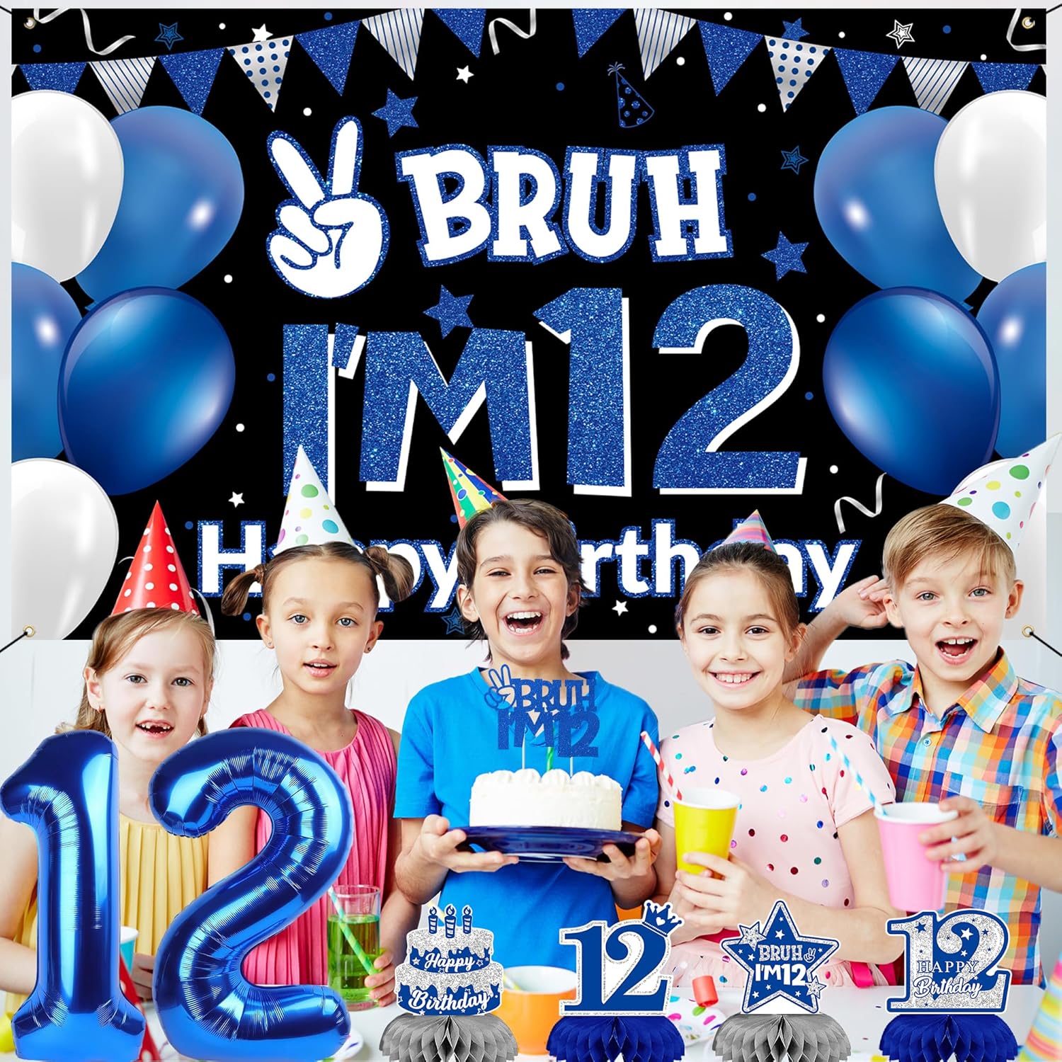 DARUNAXY 12th Birthday Party Decorations for Boys Girls, Blue Bruh I’m 12 Banner, 12 Number Balloons & Cake Topper, Sweet 12 Years Old Birthday Honeycomb Hanging Swirls Party Supplies