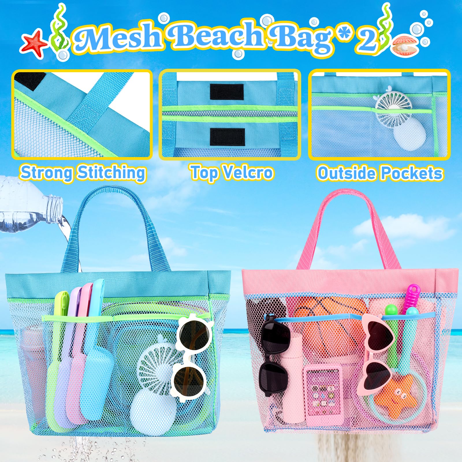 Faltbare Strandeimer für Kinder, 4 Packungen, faltbare Sandeimer und Schaufeln mit Netz-Strandtasche, Silikon-Sandeimer für Kleinkinder, Strandspielzeug, Ostereiersuche, Camping, Reisen, Angeln