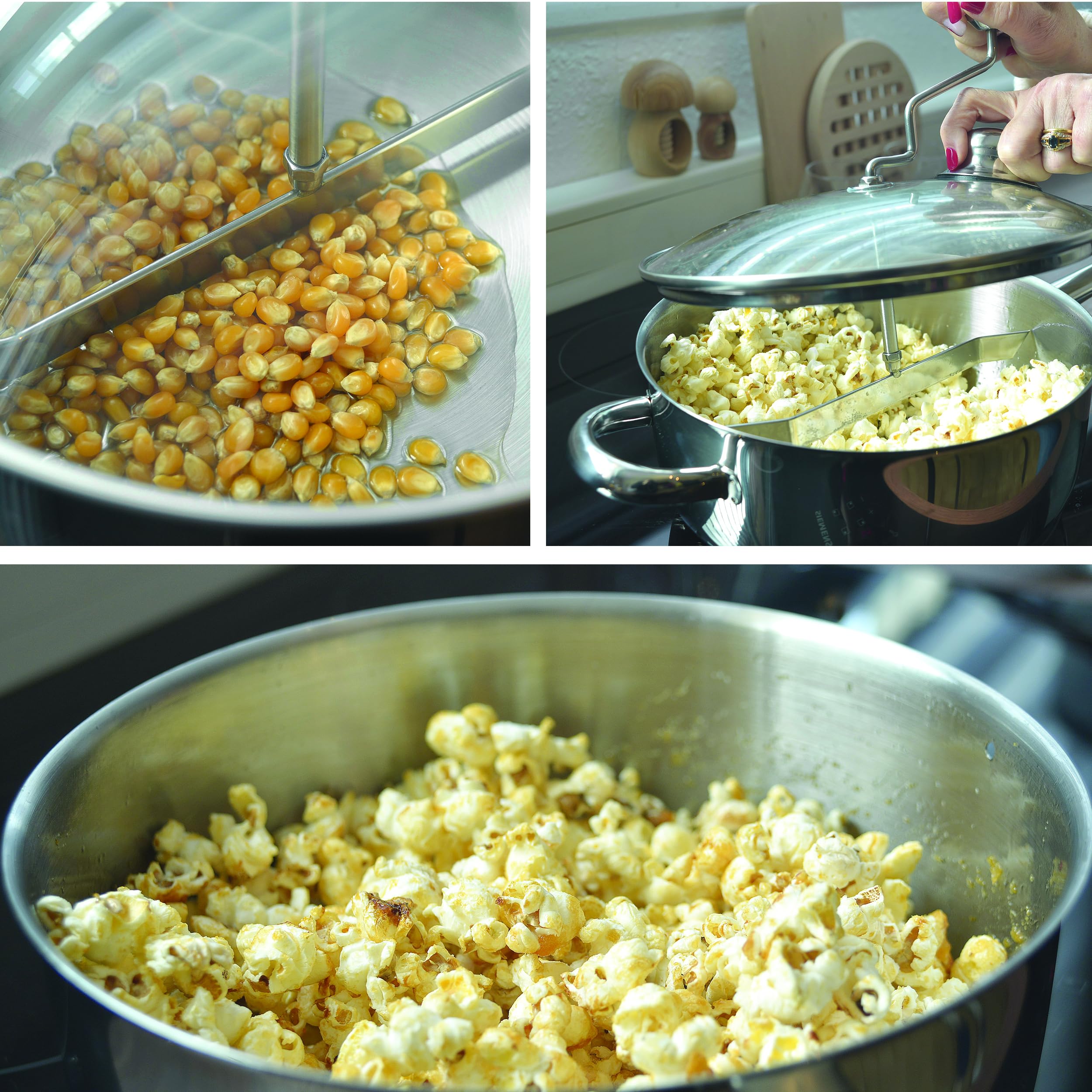Artame ART20950, maszyna do popcornu, patelnia do popcornu z przezroczystą pokrywką i korbą, uchwyt odporny na wysokie temperatury, wszystkie palniki z indukcją, Ø 24 cm, stal nierdzewna