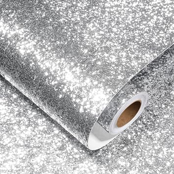 Decotalk Silver Glitter Wallpaper Peel and Stick for Walls Removable Sparkle Wallpaper 17.7"x120" Glitter Contact Paper Silver Wall Paper Sparkle Chunky Sequins Vinyl for Crafts Party Decorative