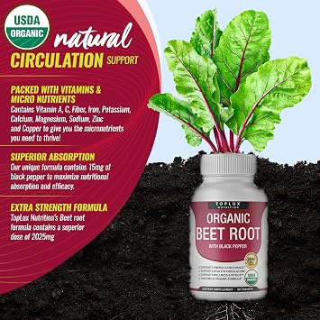 Toplux Organic Beet Root Powder Tablets - 2040mg Natural Nitric Oxide Beets to Support, Energy, Black Pepper Better Absorption, Non-GMO, for Men Women, 90 Tablets