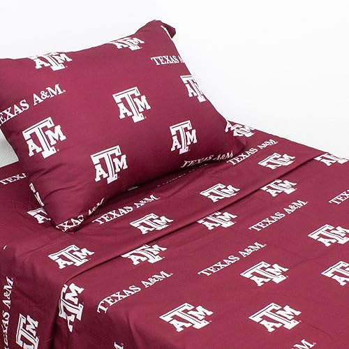 Everything Comfy Texas A&M Aggies - Juego de sábanas de 4 piezas, tamaño Queen, fondo del color del equipo, 1 sábana encimera, 1 sábana bajera, 2