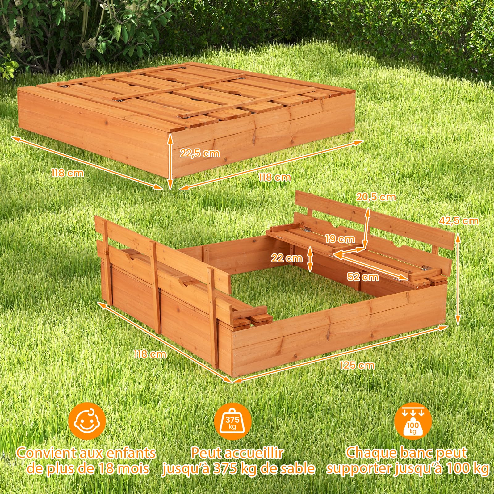 GOPLUS Bac a Sable Enfant Exterieur, Bac a Sable en Bois de Sapin avec Couvercle, 2 Bancs Pliants, et Revêtement de Fond, Charge120KG, pour Jardin Plage Arrière-Cour
