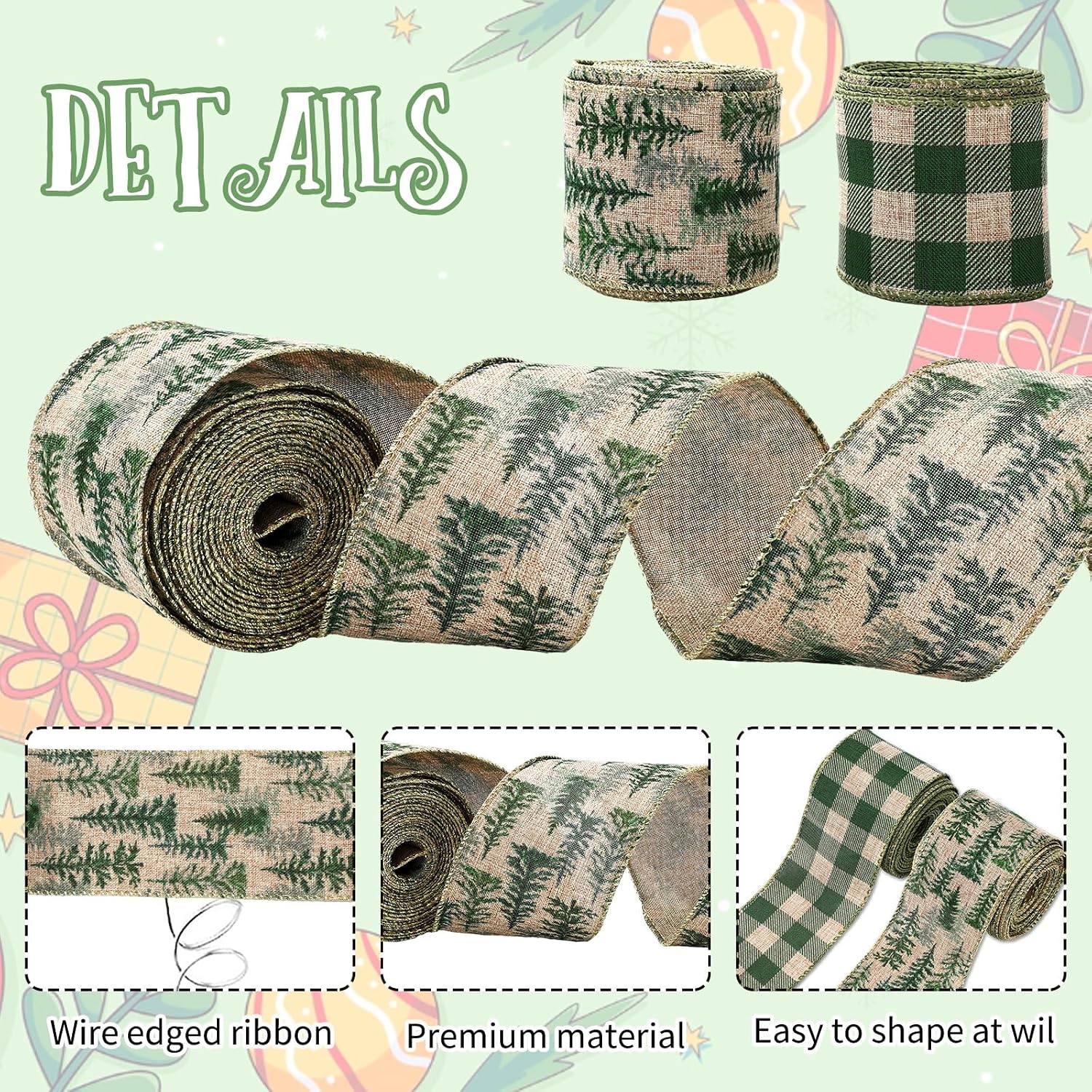 JarThenaAMCS 2Pcs Christmas Wired Edge Ribbon Green Pine Tree Buffalo Plaid Craft Ribbons Xmas Tree Decorative Fabric Ribbon for DIY Crafts Winter Wreath Bow Making, 20 Yards