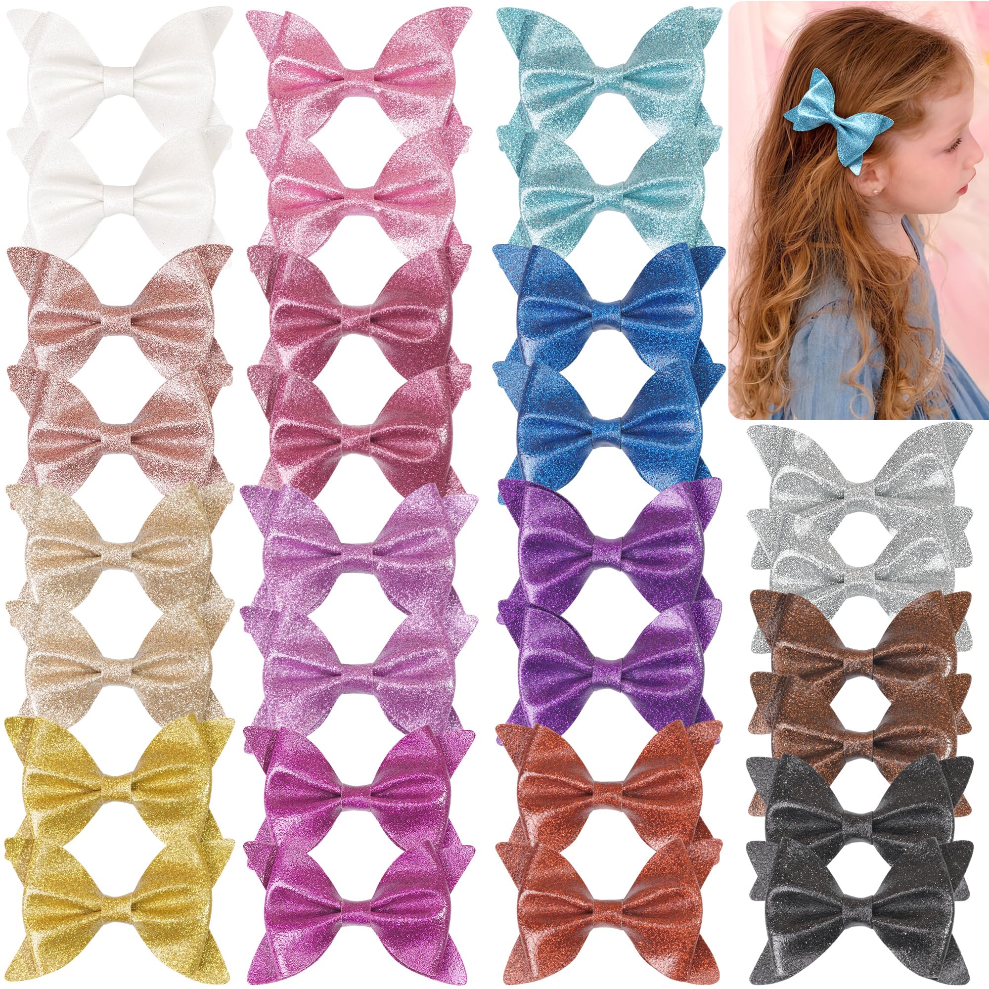 DeD 30 Pieces 4.5 Inch Glitter hair Bows clips for girl MultiColor Sparkly Sequins hair bows Alligator Clips for Baby Girls Teens Toddlers(15 Pair)
