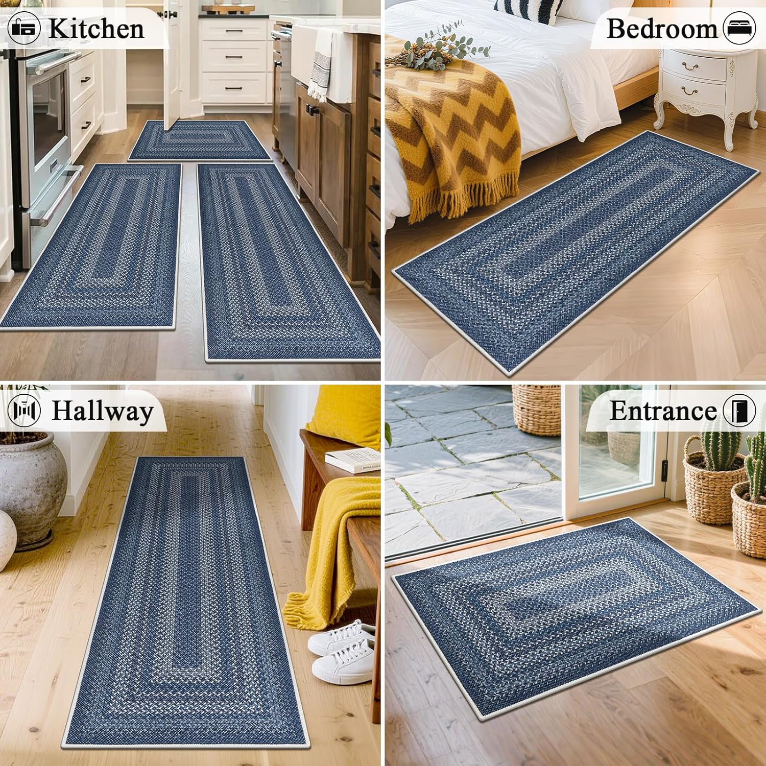 HEBE Washable Kitchen Rugs Sets of 3, Non Slip Absorbent Kitchen Rugs and Mats, Farmhouse Stain Resistant Faux Jute Kitchen Mat Carpet Runner for Kitchen Floor, Laundry Room, Hallway, Blue