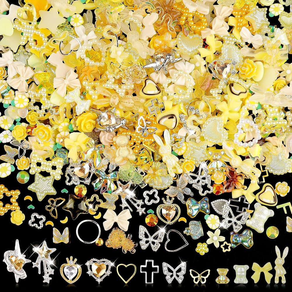 Sinyanail 3D Flower Nail Charms Set,150pcs Mixed Size Camellia Rose Resin Charms,150pcs Mixed Size and Color Leaves,100pcs Round White Pearl Beads for Nail Accessories Nail Art (31-Metal-Yellow)