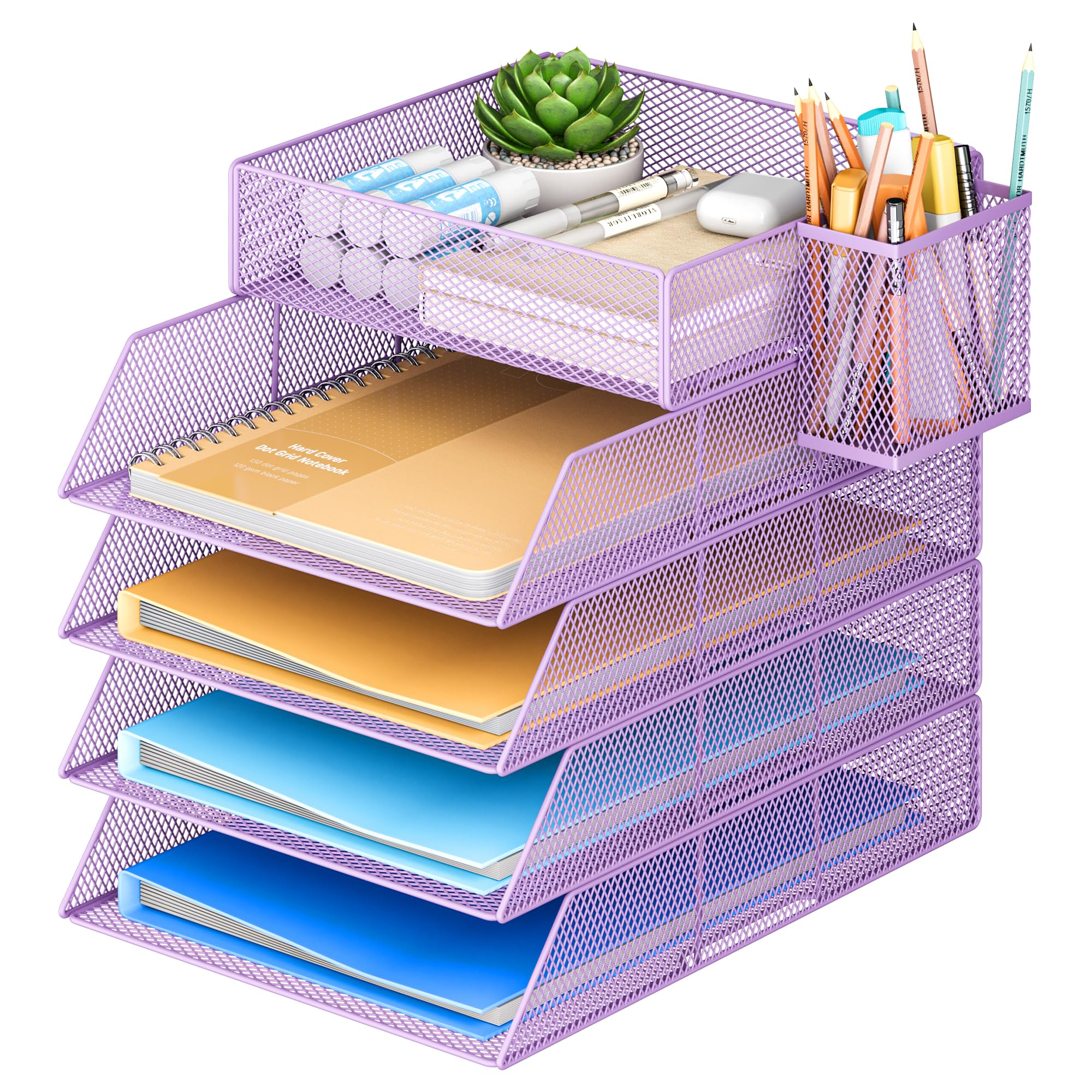 VITVITI 4 Tier Stackable Letter Tray for Office Tidy with 1 Flat Compartment, 1 Pen Holder, Desk Paper Organiser File Trays for Office Desk Accessories - Purple