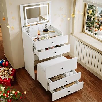 ELEGANT Dressing Table with Flip-Top Mirror and LED Lights, 43x60x127cm