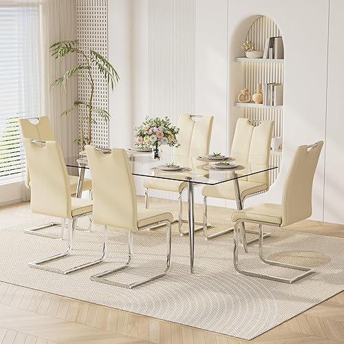 Miniatura 26 de Juego de mesa de comedor moderno de 51" de 7 piezas para 6, mesa rectangular de cristal con 6 sillas tapizadas en cuero, capacidad para 6 personas,