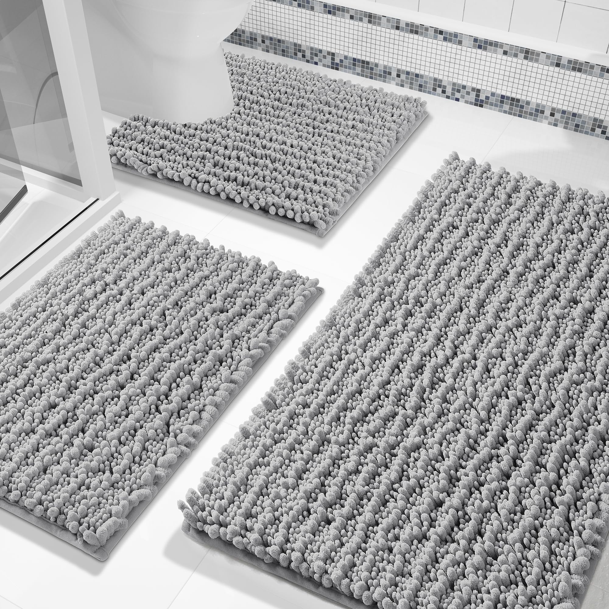Yimobra Bathroom Rug Set 3 Piece - Super Absorbent Quick Dry Chenille Bath Mats & Toilet Rug, Non Slip Machine Washable, Extra Thick Shaggy Floor Mat