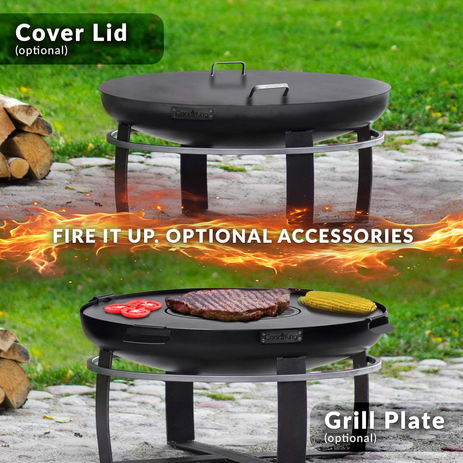Ignition 24" Cooking Fire Pit and Wood Burning Fireplace for Backyard Bonfire Campfire for Outside, Medium Outdoor Handcrafted Steel Firepit by Good Directions