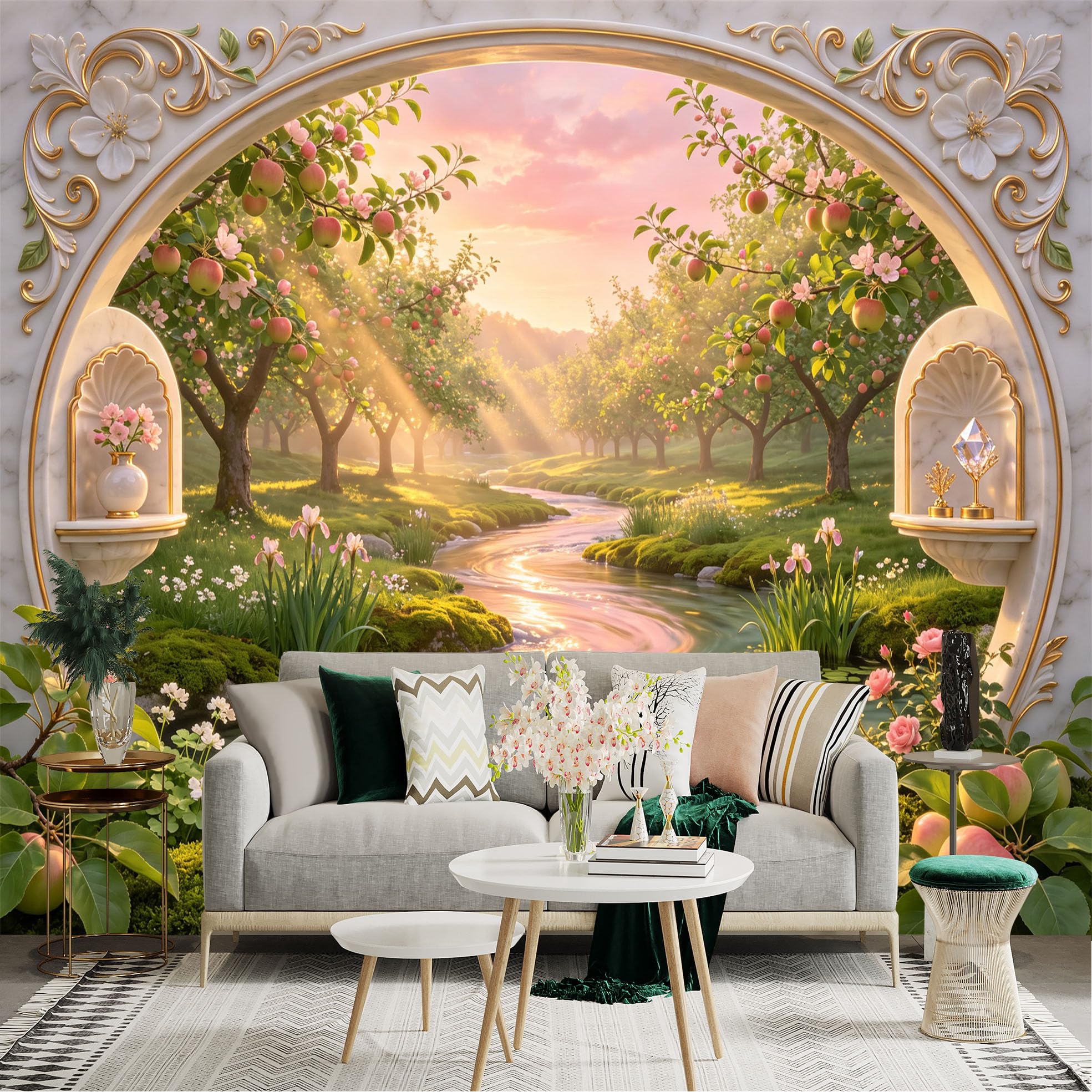Lnzczhyre Bh260719278 Custom Size Wall Sticker Mural， Enchanted Apple Orchard， Serene River Landscape， Sunrise Morning Scenery， For Wall Decoration， Peelandstick Wall Decals.